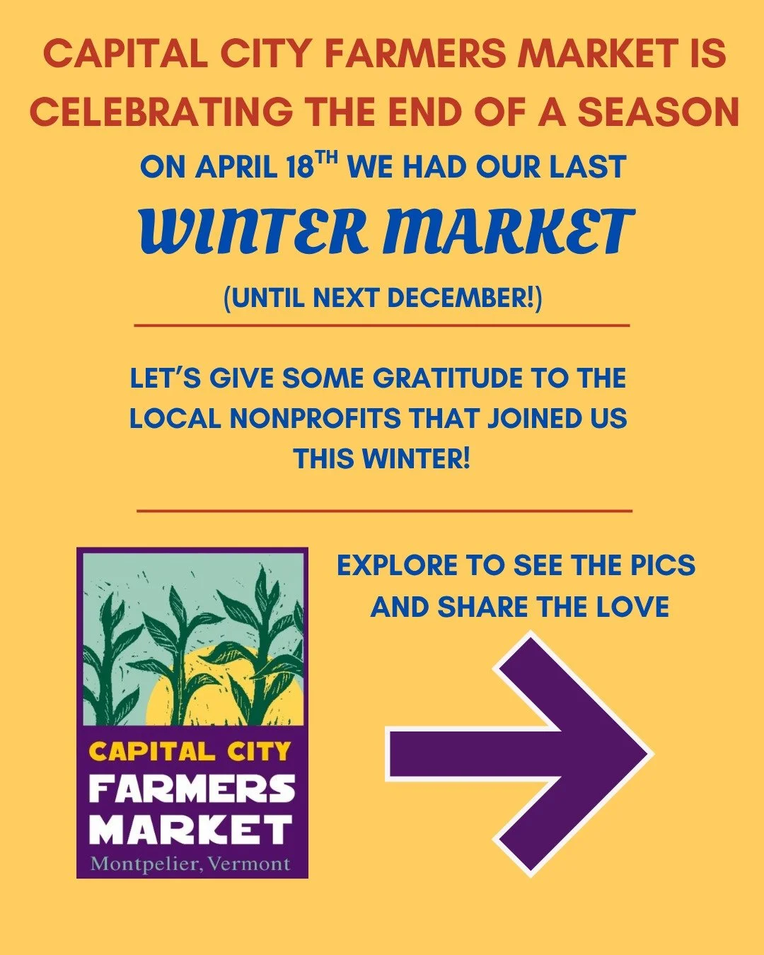 It's important to start and finish with gratitude. We're looking forward to summer market starting May 2nd, but before we move on we have some love to share.

Thank you to the nonprofit friends that showed up for our winter market. and much love to e