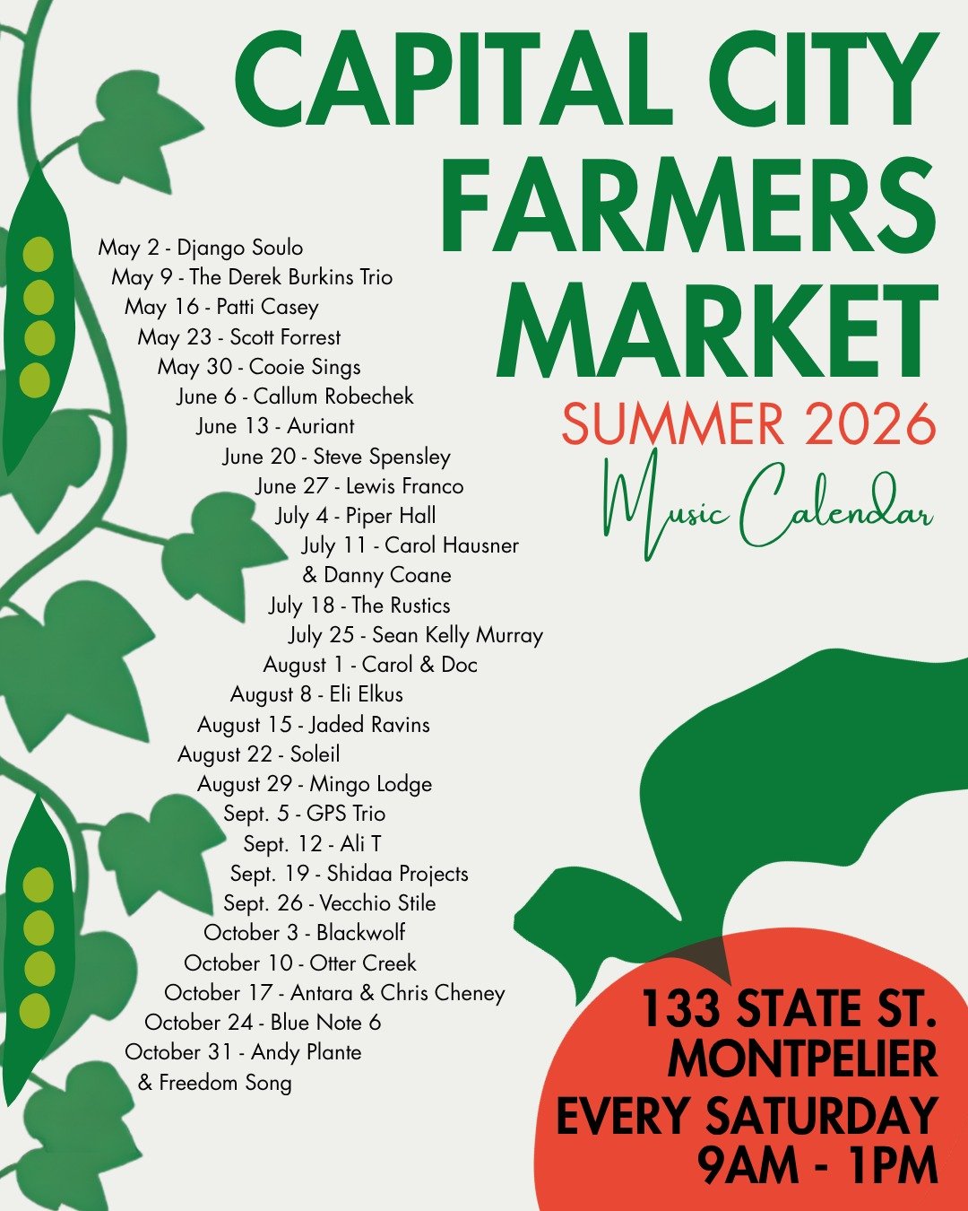 🎶 Summer 2026 Music Calendar! 🎶

Looking forward to seeing you all on the opening day of our Summer Market- Saturday, May 2nd!