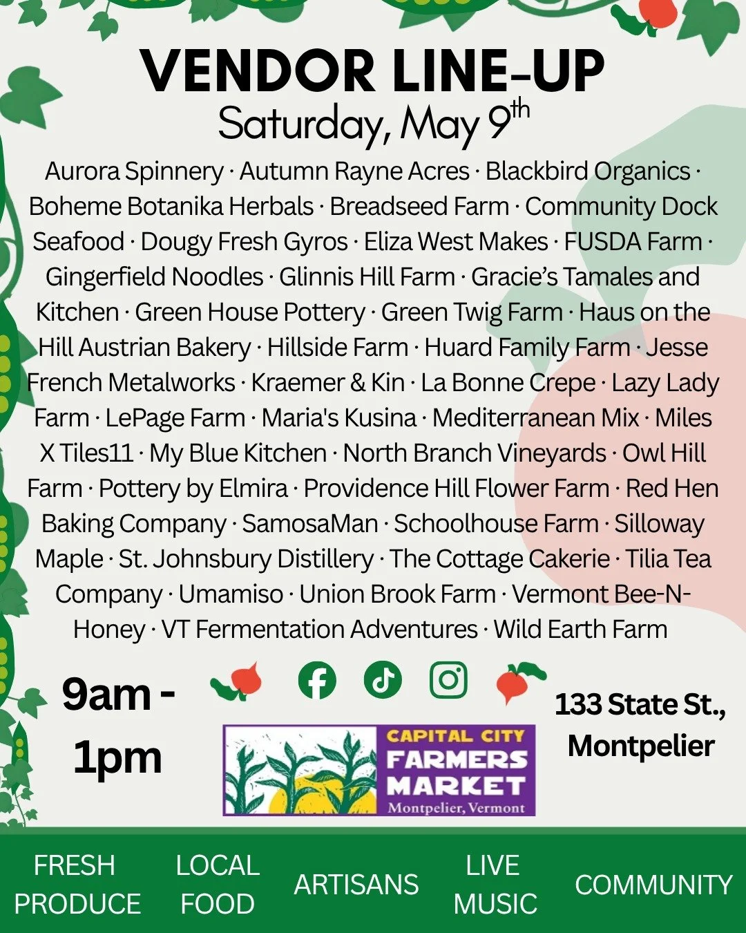 Vendor Line-Up for Saturday, May 9th! 

Thanks to everyone that came out and shared some love and excitement last Saturday. We had a blast! 

Hope to see everyone again soon. Check on your neighbor and invite them to market with you. You never know w