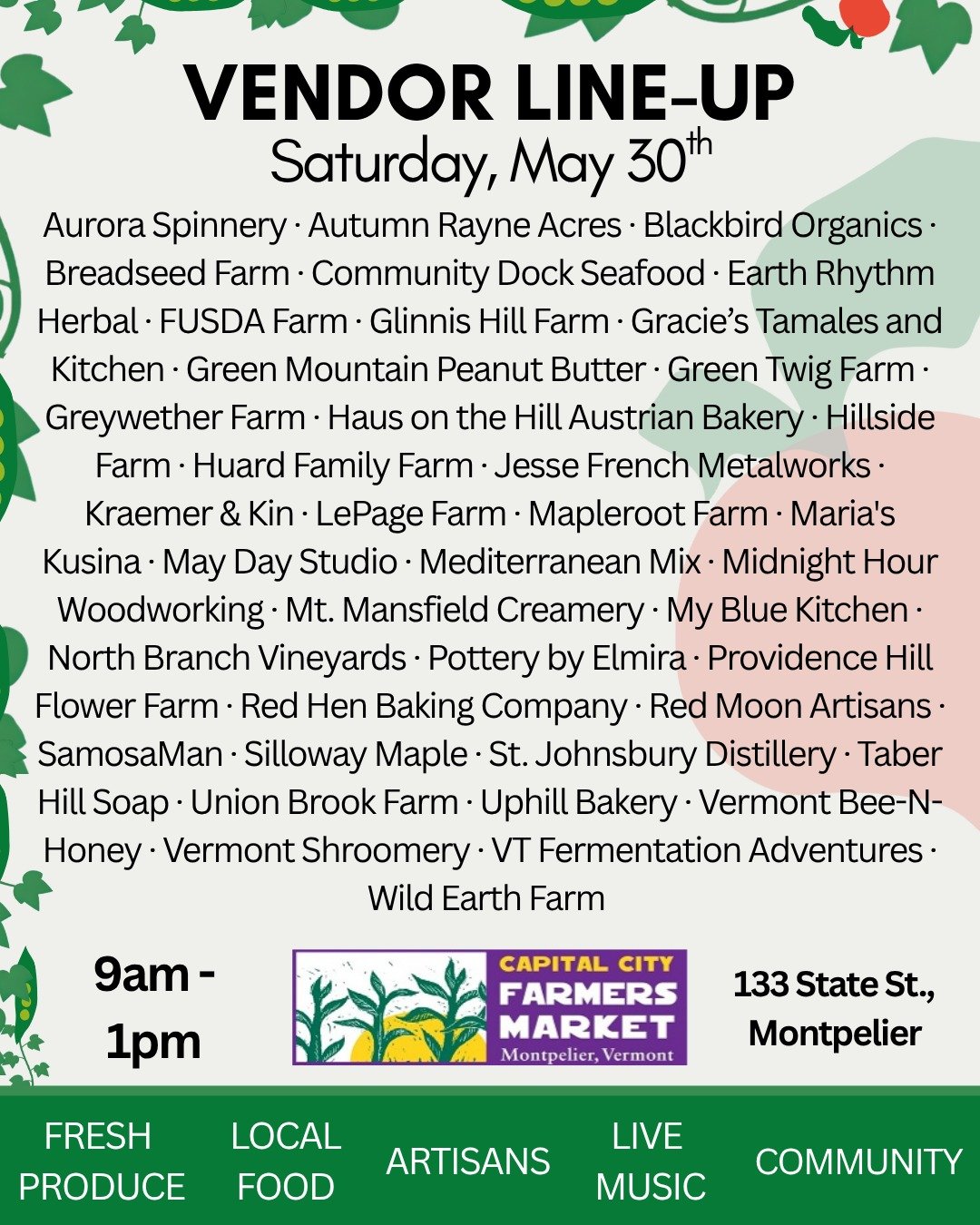 🌷Capital City Farmers Market - Saturday, May 30th 🌱

Thank you to the 2,000+ community members who showed up for last week&rsquo;s Capital City Farmers Market! Seeing the market full of neighbors, families, music, food, and local businesses was an 