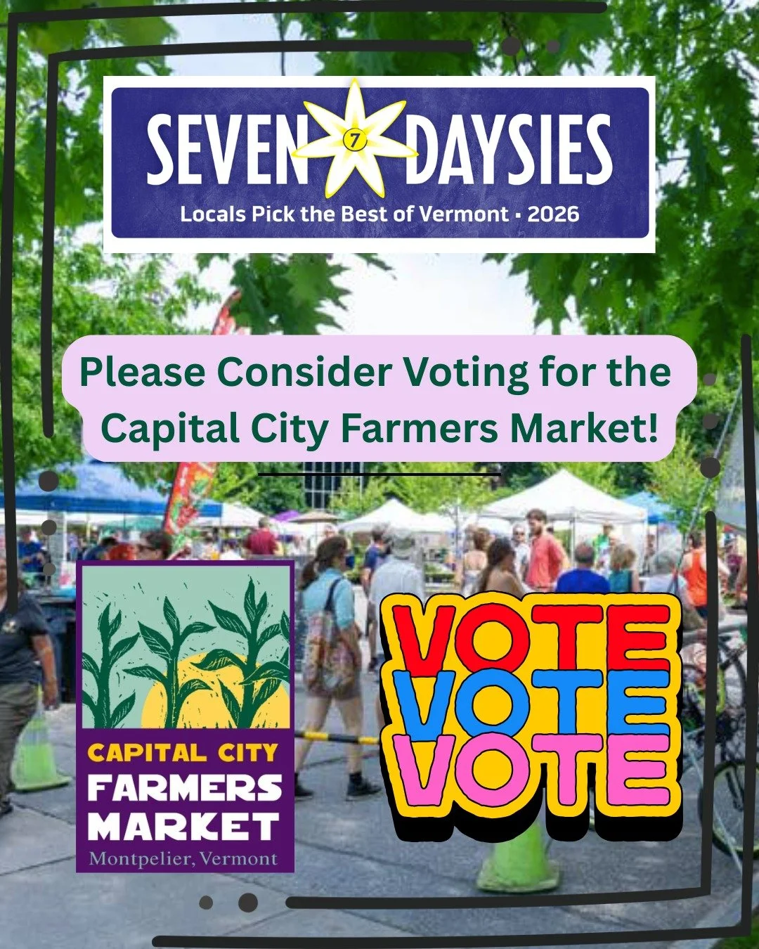 Sick! The Capital City Farmers Market is in the running for a @sevendaysvt Daysie! 

Please consider voting for us in the "Food" category!

We also have THREE full-time vendors that are finalists themselves! Share some love with @sillowayma