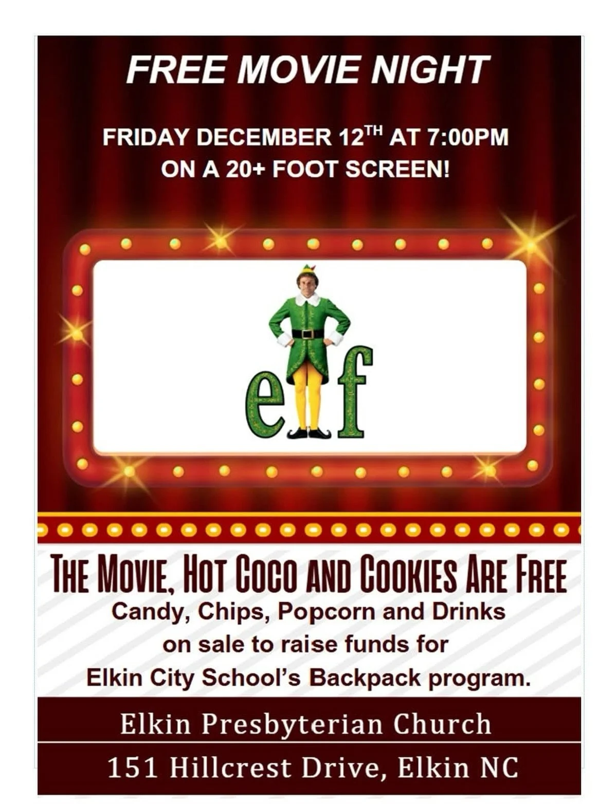 We have the big screen up ready to welcome you all to our community movie night TOMORROW! 🍿🍿🍿

Featuring a lovely hot cocoa bar &amp; Christmas cookies 🍪☕️🍫 all for FREE! 

All are welcome to join us for family friendly fun as we watch Elf tomor