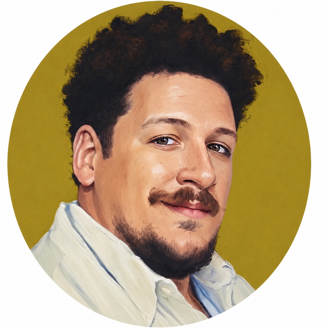 Digital painting of a man with curly dark hair, light skin, facial hair, wearing a white shirt, against a yellow background.