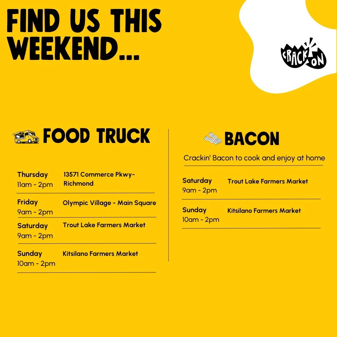 Double the crack this weekend.
You&rsquo;ll find the food truck and the bacon out at Trout Lake and Kitsilano Farmers Markets this weekend. So whether you&rsquo;re chasing a breakfast sandwich or stocking up on bacon for home, we&rsquo;ve got you cov