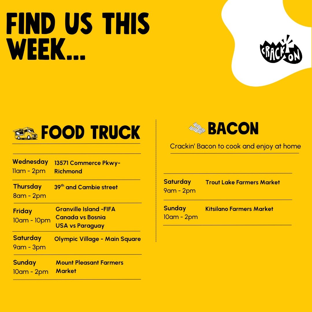 World Cup week is here ⚽️🇨🇦

Catch us at Granville Island for Canada&rsquo;s first game and the official viewing party.

Big screens, big energy, and crackin&rsquo; sandwiches from the yellow truck.

See you there 🍳