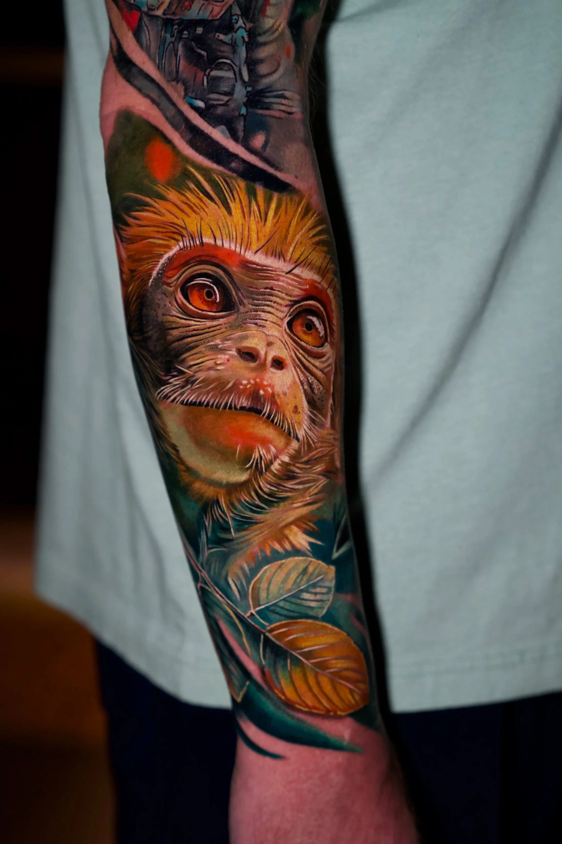 Colorful tattoo of a monkey with orange eyes and fur, surrounded by abstract leaves on a person's arm.