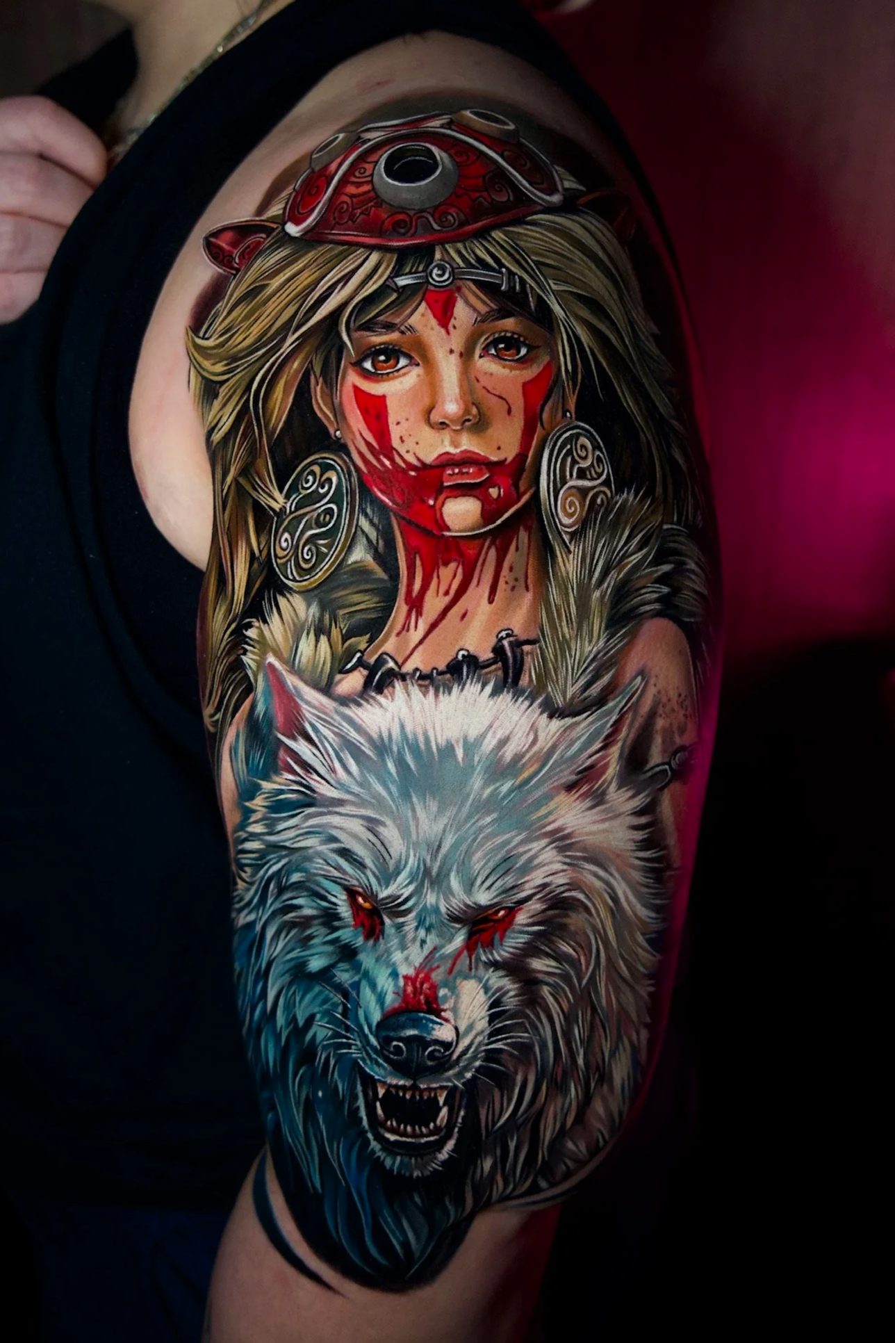 princess mononoke and wolf color arm tattoo