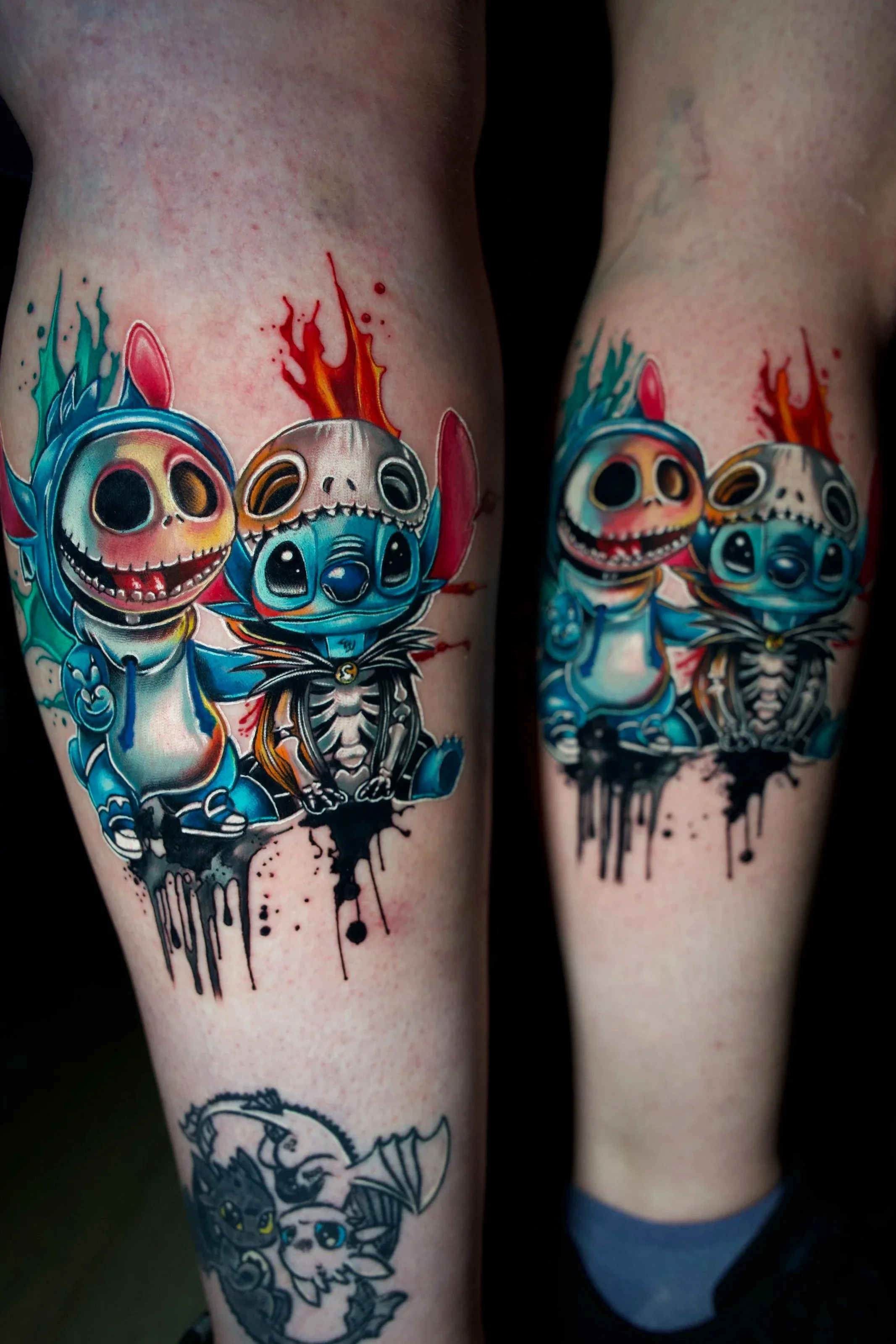 sisters matching tattoo, stitch and jack skellington from disney