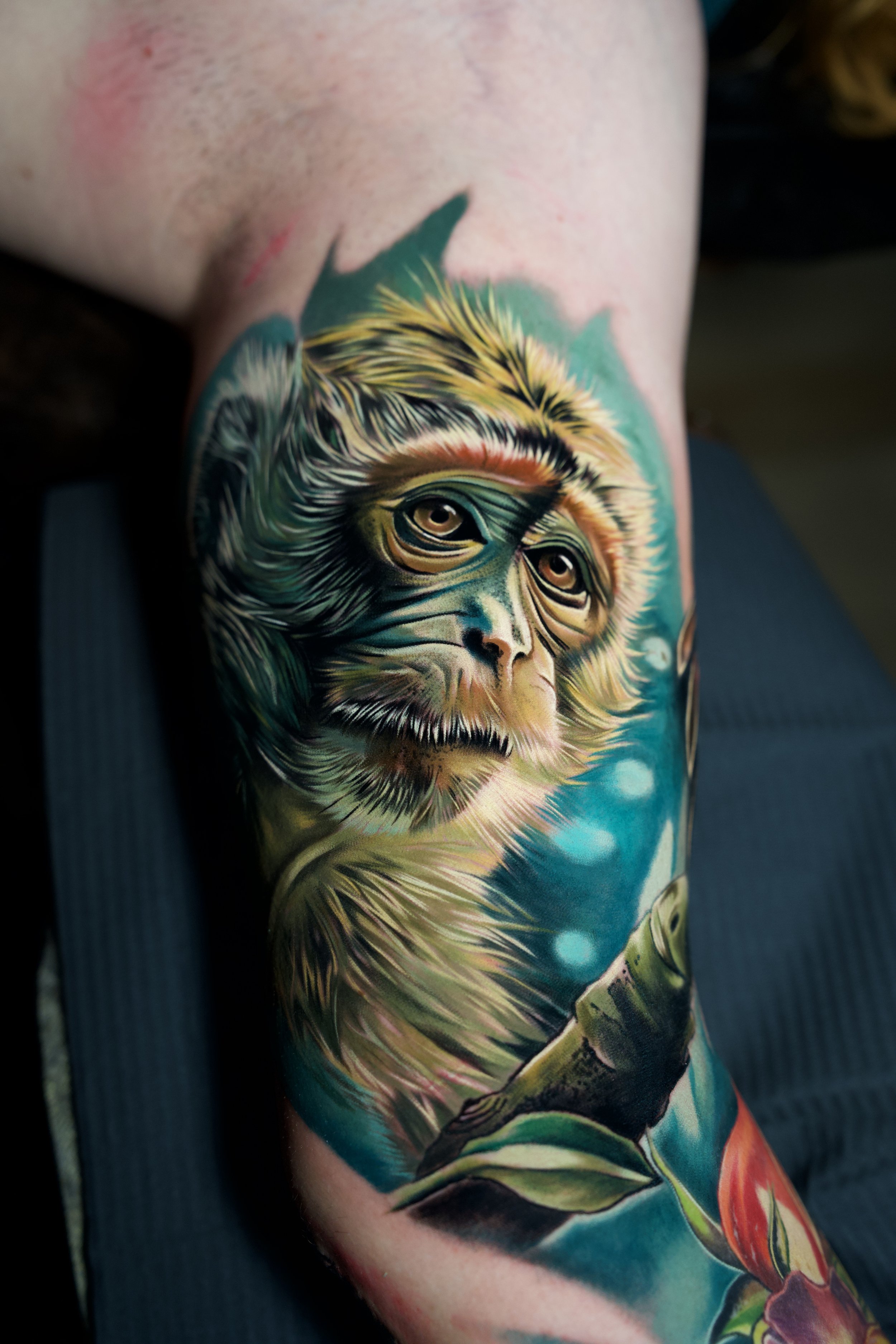 Colorful tattoo of a monkey on a person's arm, with detailed fur and expressive eyes, set against a vibrant background.