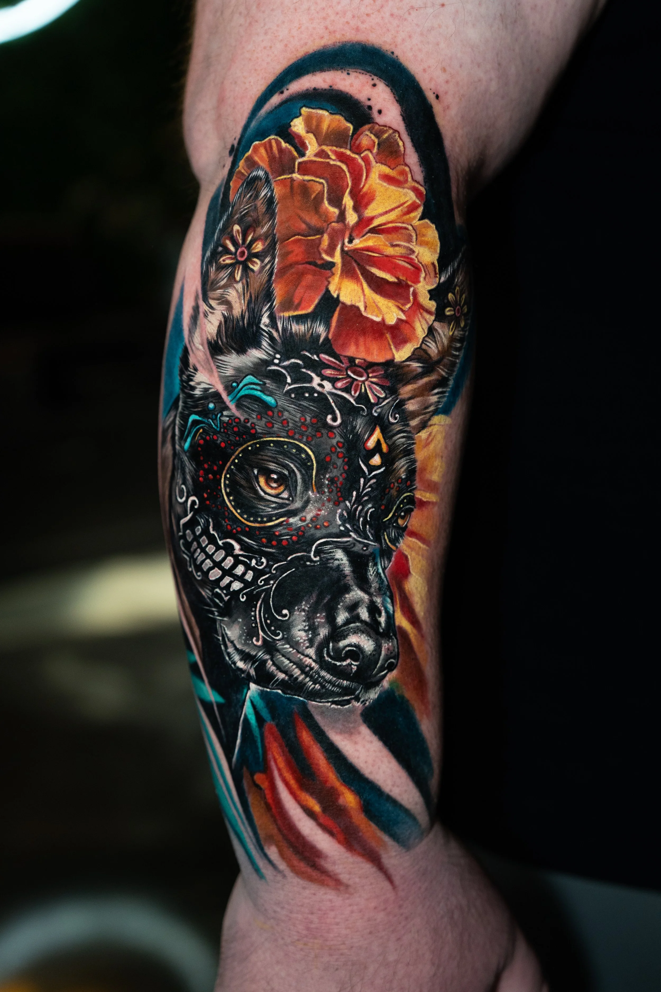 Tattoo of a Xolo dog's face, decorated with colorful patterns and surrounded by vibrant orange and yellow flowers.
