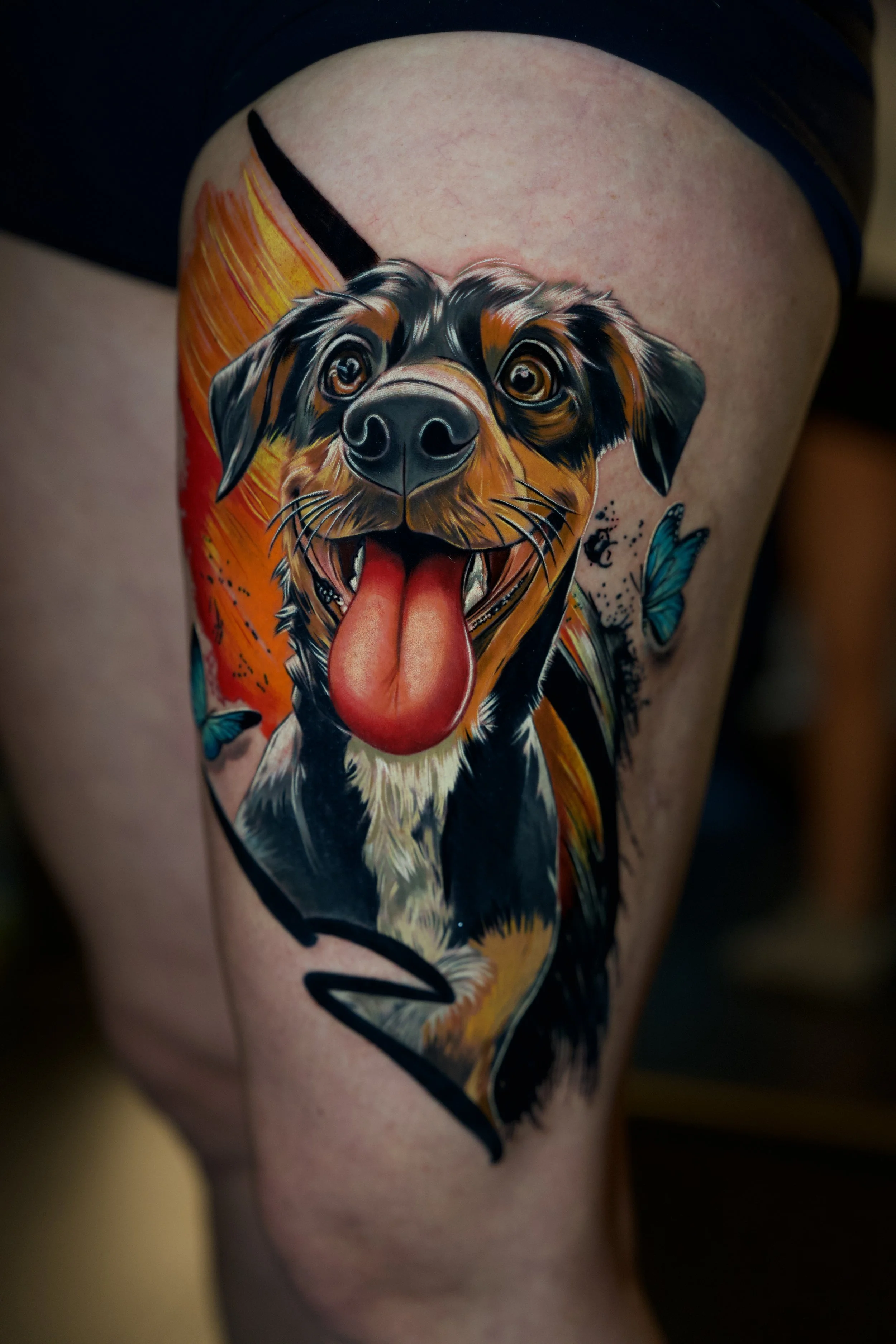 Colorful tattoo of a happy dog with a bright background, surrounded by blue butterflies.
