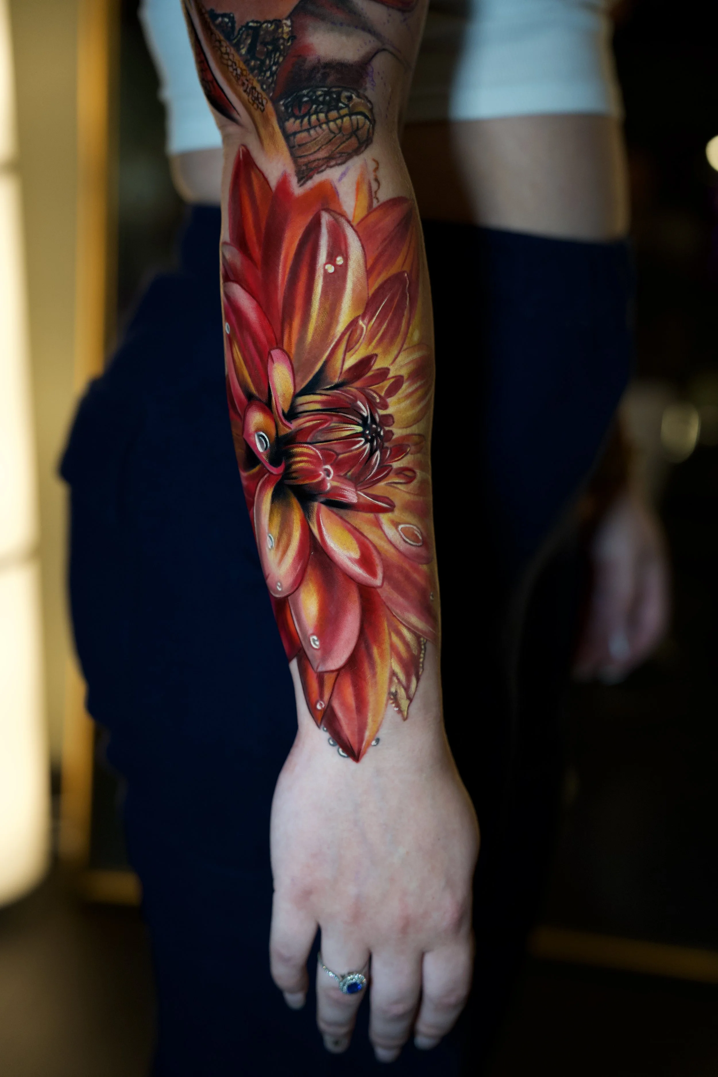 Close-up of a person's arm with a detailed, colorful tattoo of a large red and orange chrysanthemum