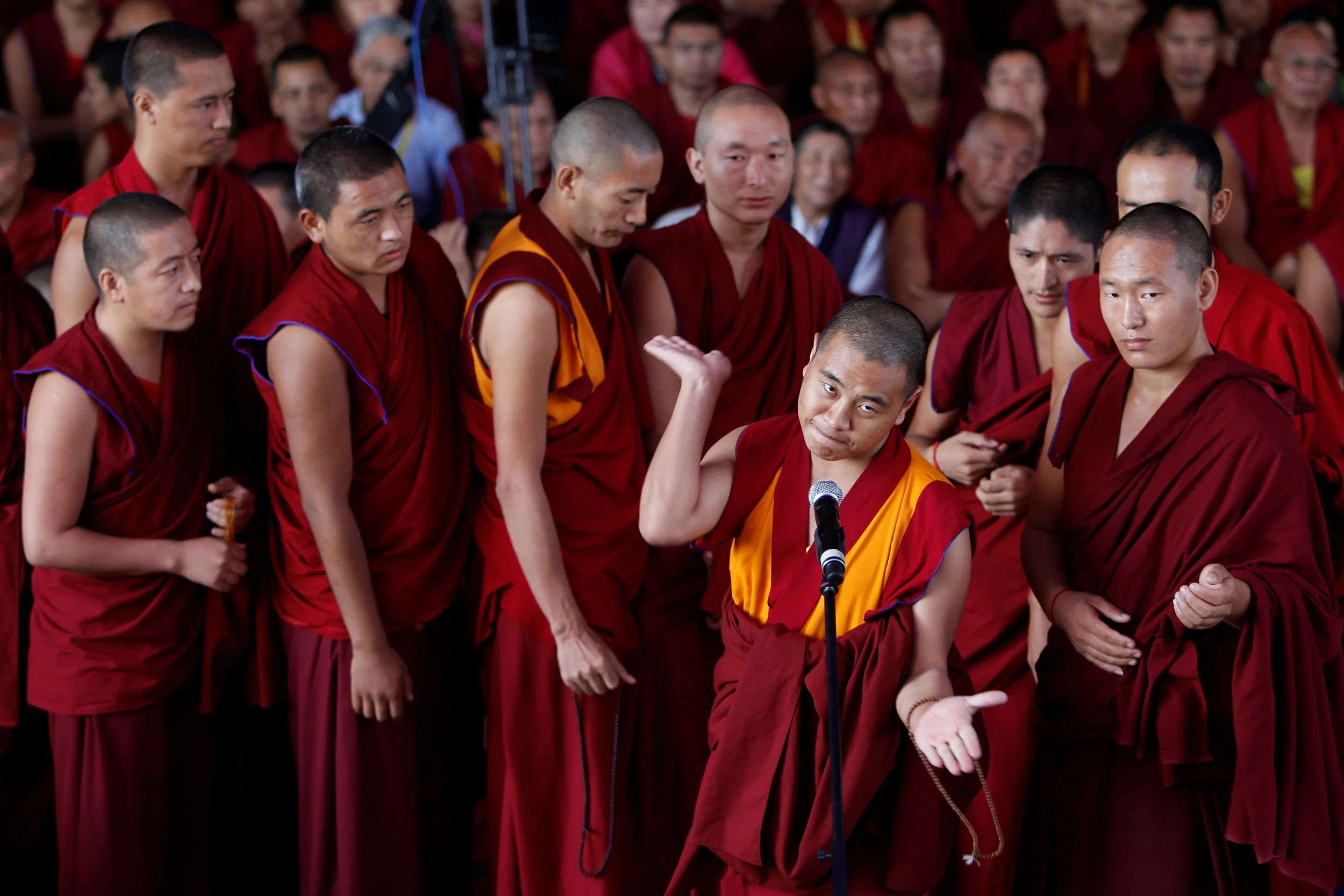  A monk debates at the Gaden Monastery, Mundgod. 