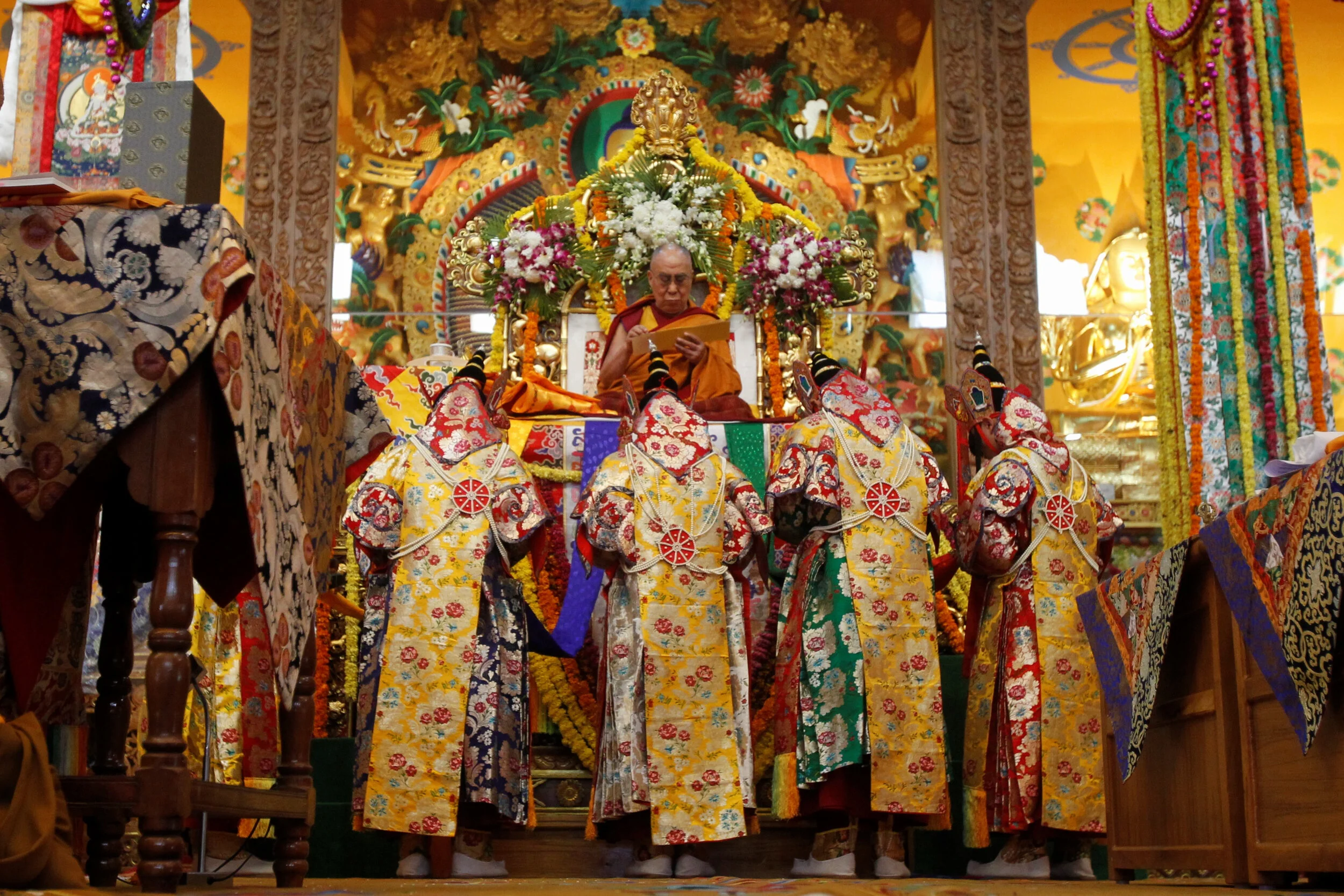  Oracles offer prayers at the Tashi Lhunpo Monastery, Bylakuppe. 