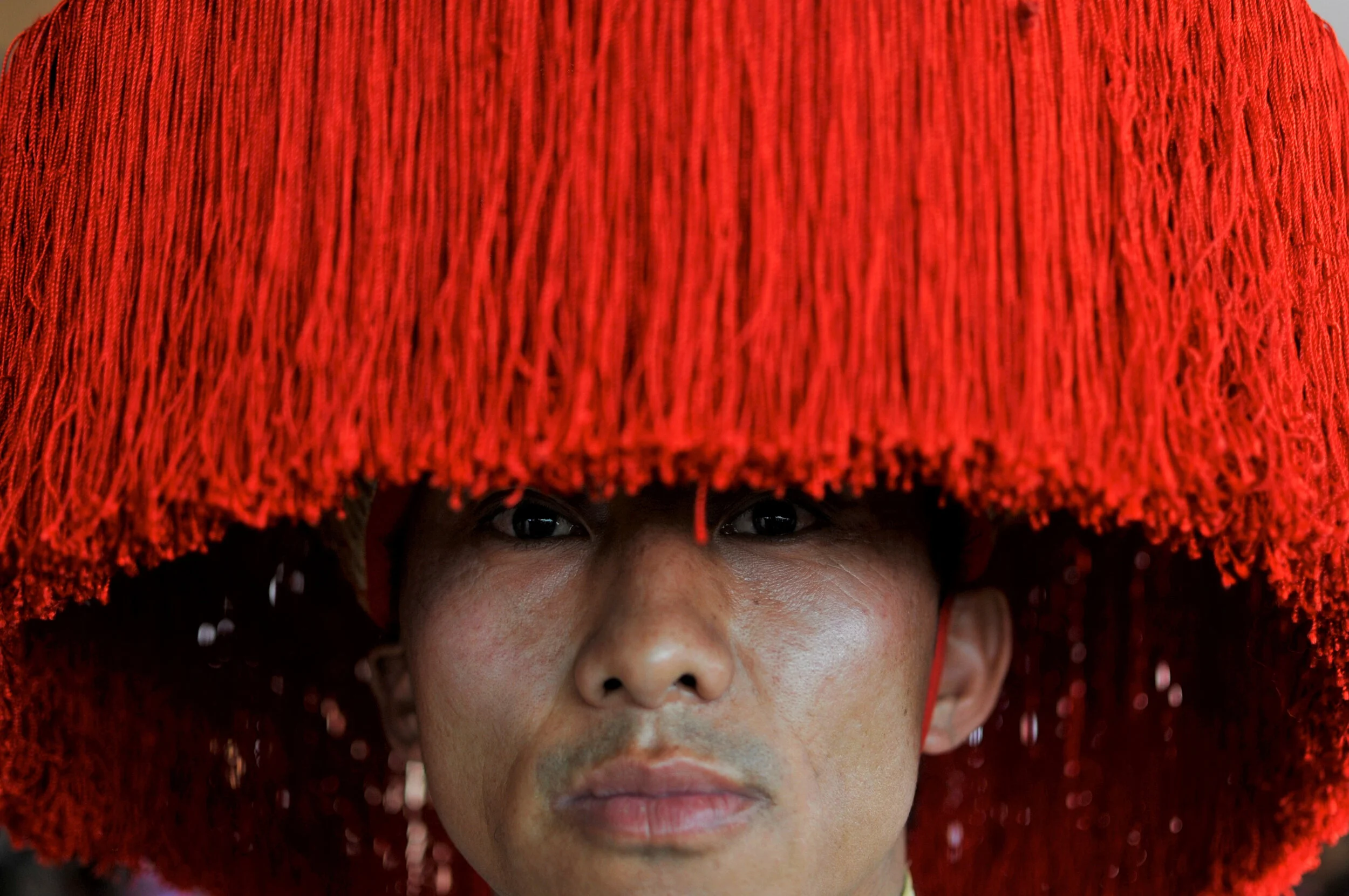  An attendee wears a  soksha  at the Drepung Monastery, Mundgod. 
