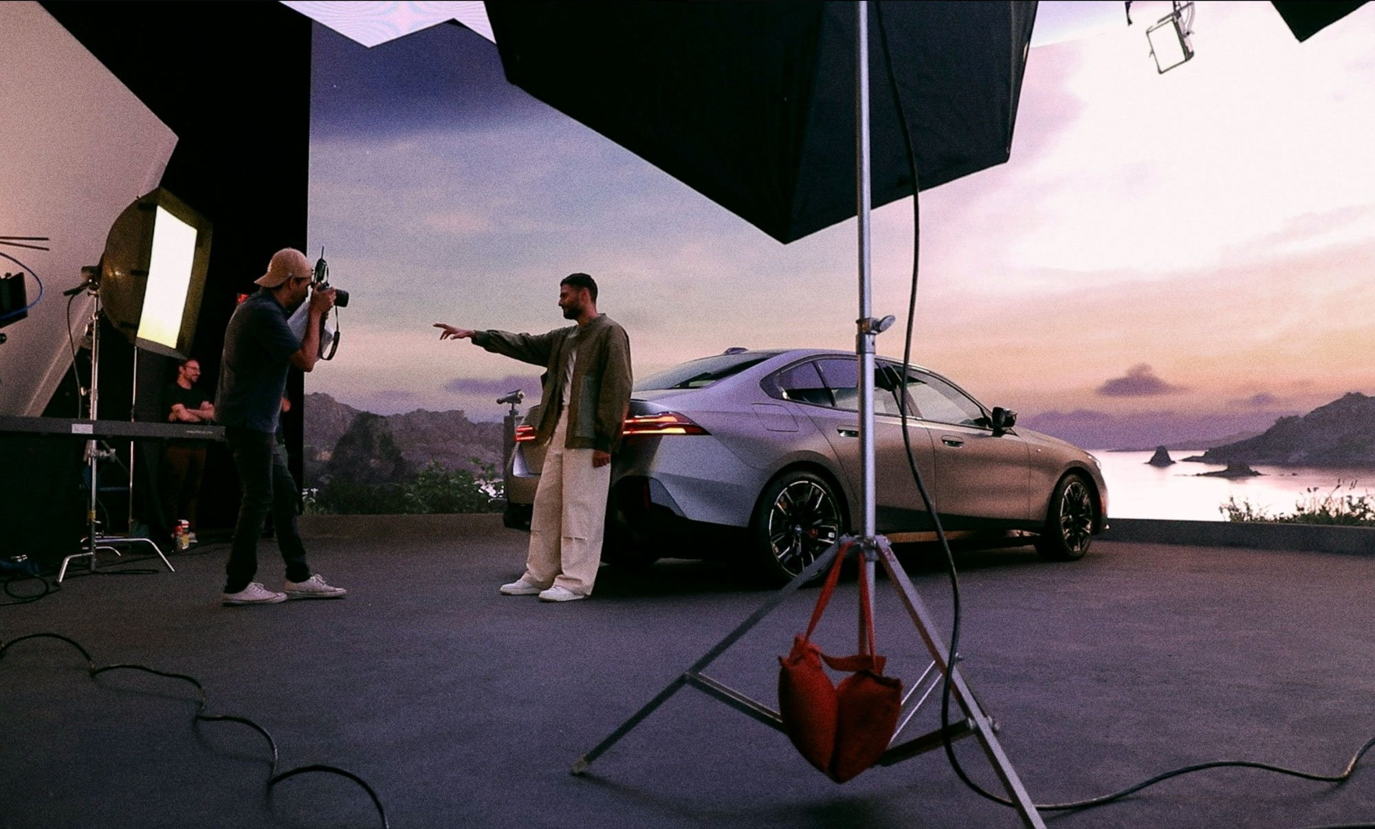 Behind-the-scenes view of BMW and Jay Shetty campaign production, showcasing VFX integration and creative direction by award-winning commercial automotive photographer David Masemore.