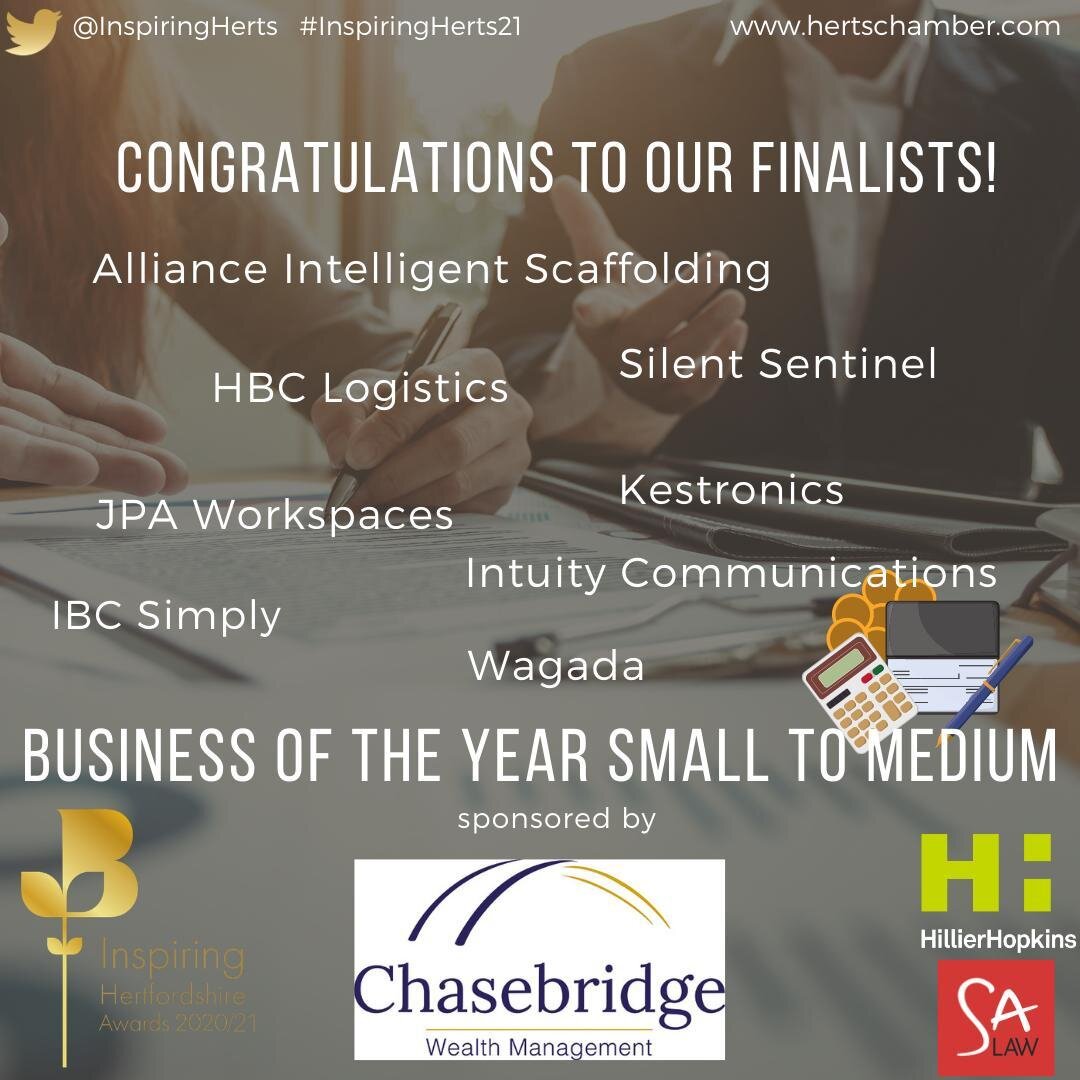 We're looking forward to celebrating with our #InspiringHerts21 Business of Year Small to Medium finalists, sponsored by @ChasebridgeWM

@AllianceScaffolding
@silentsentinelltd
@hbclogistics
@Kestronics
@JPAWorkspaces
Intuity Communications
@Italianb