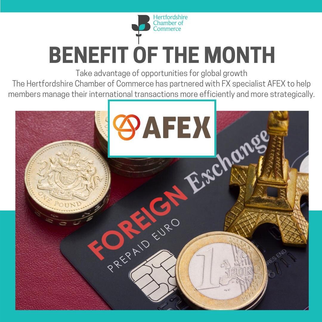 Take advantage of opportunities for global growth

Our #BenefitOfTheMonth for July is the #ChamberFX service: Herts Chamber has partnered with FX specialist AFEX to help members manage their international transactions more efficiently and more strate