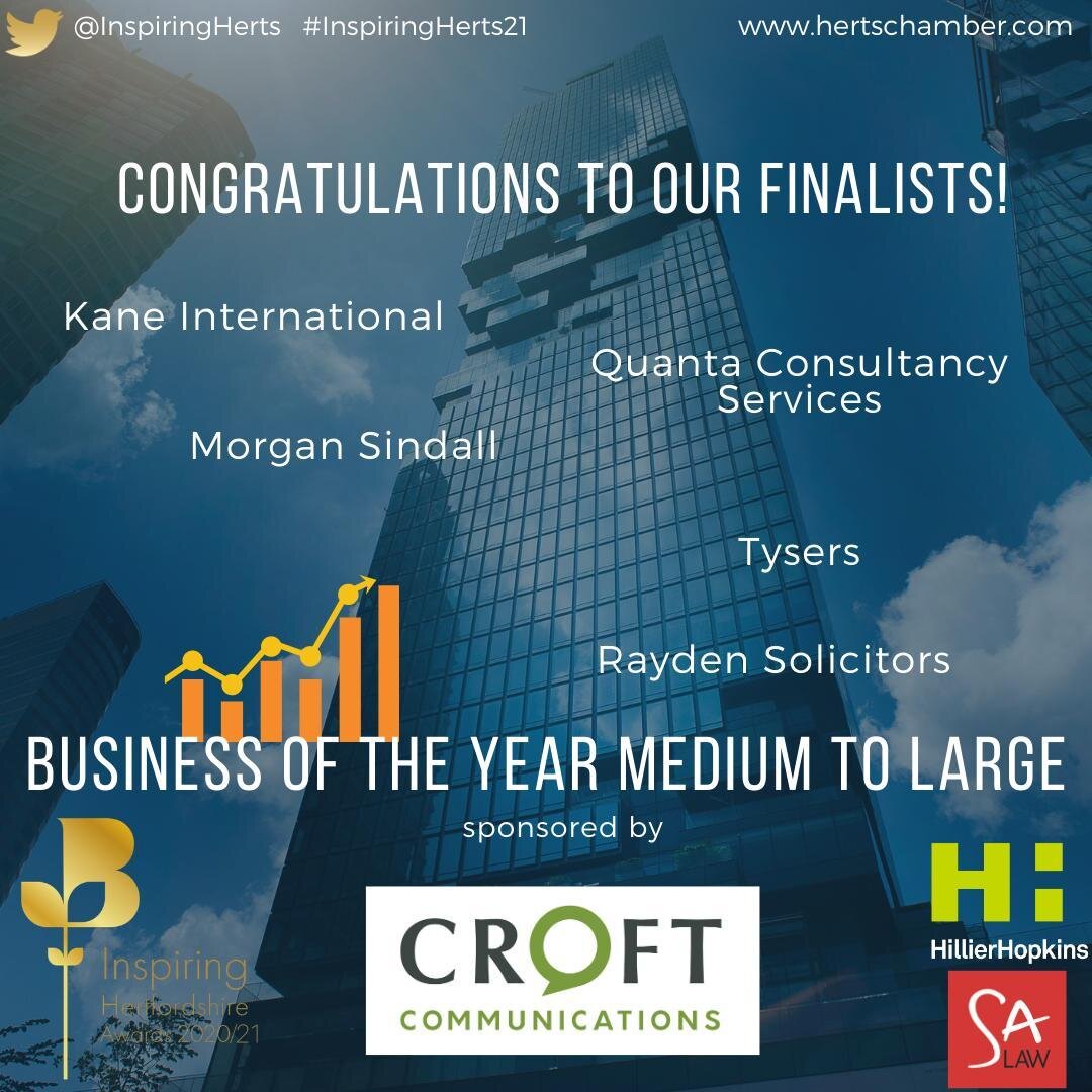 We can't wait to celebrate with our #InspiringHerts21 Business of the year Medium to Large finalists, sponsored by @croftcommunications:

@kaneanalysers
@lifeatquanta
@morgansindallconstruction
@Raydens_solicitors
Tysers

Find out more about these #a