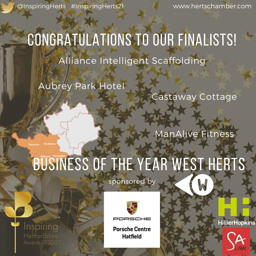 We're looking forward to celebrating with our #InspiringHerts21 Business of the Year #WestHerts finalists sponsored by @porschecentrehatfield !

@AllianceScaffolding
Castaway Cottage
@AubreyParkHotel
@ManaliveFitness

Find out more about these #award