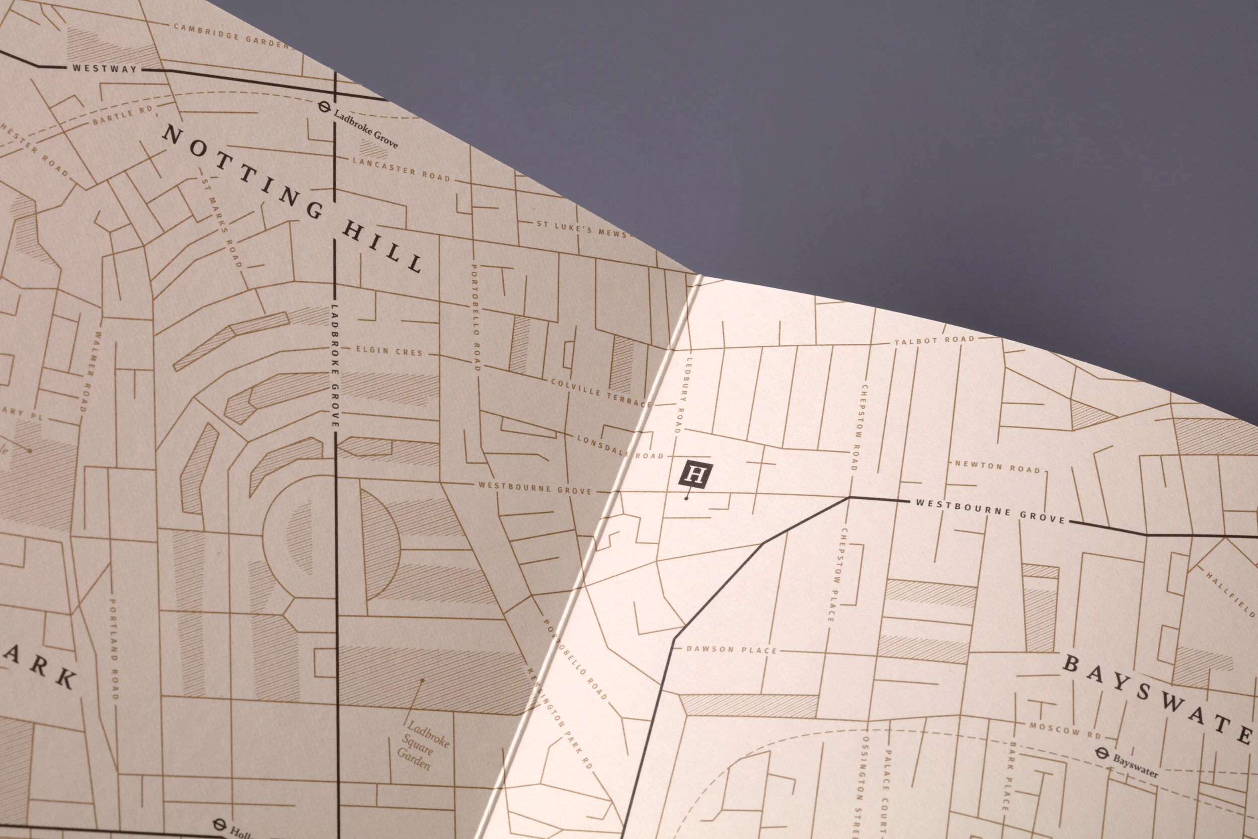 Close up photograph of a bespoke map of Notting Hill, London