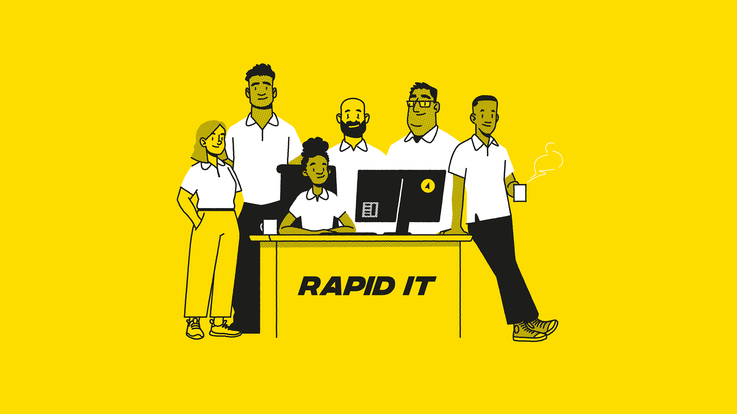 A black and white illustration of the Rapid IT team behind a help desk.