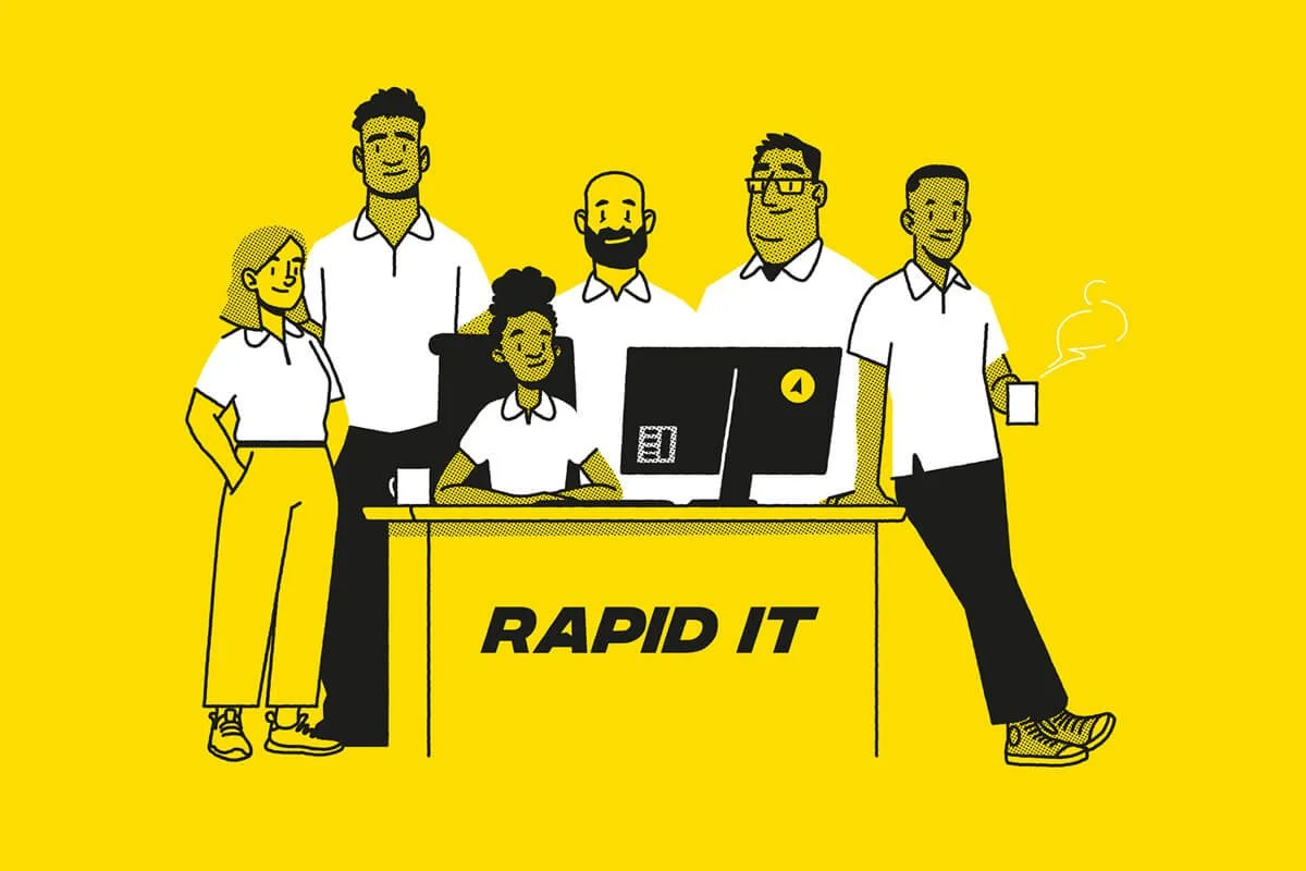 An illustration of the Rapid IT team behind a desk.