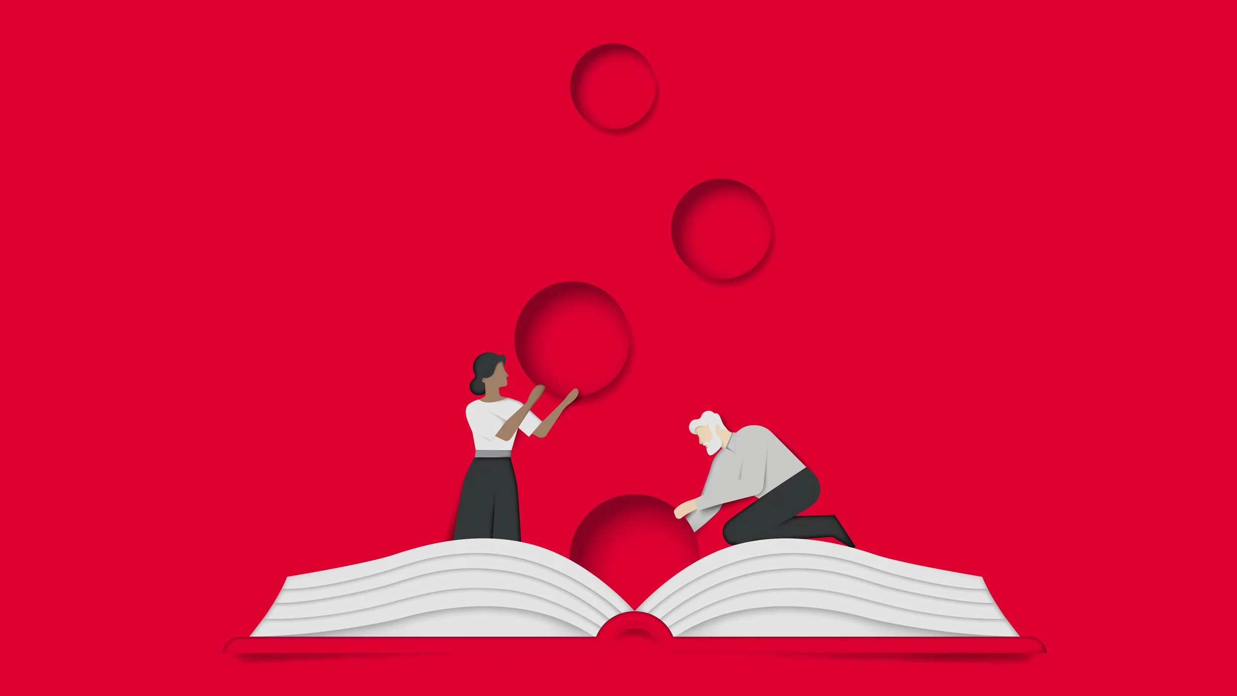 Paper-cut illustration of two people placing red spheres onto an open book, representing shared knowledge.