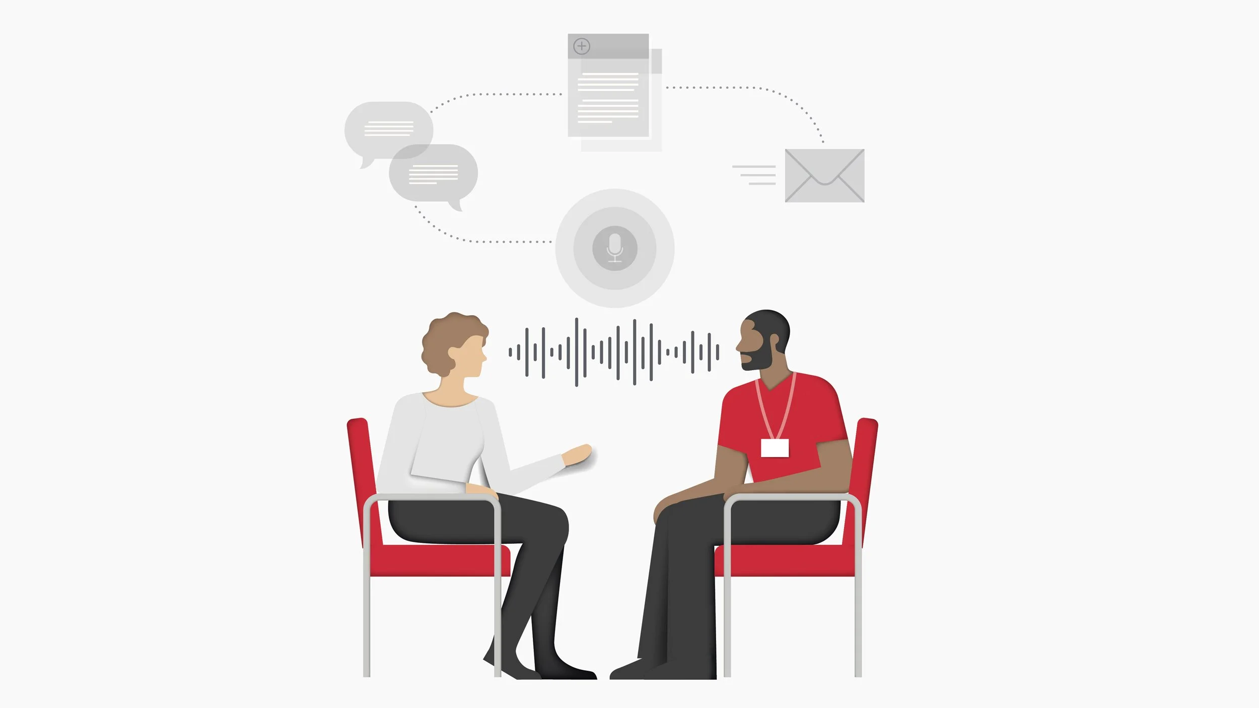 Paper-cut illustration of two people talking, surrounded by icons for messaging, voice and email, representing tech in healthcare.