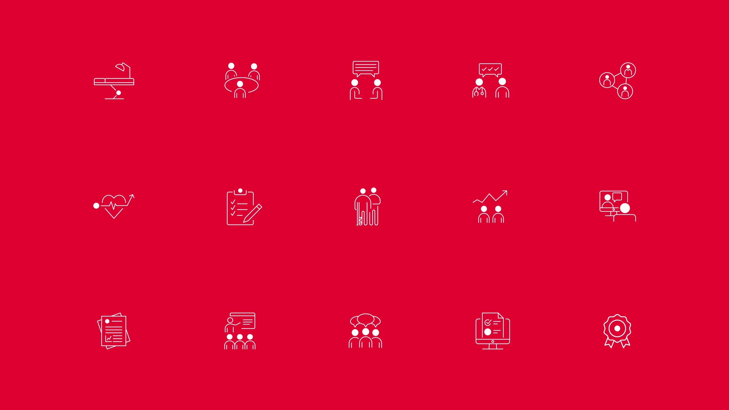 Grid of fifteen white line icons on a red background, representing THIS Institute's full bespoke icon set.