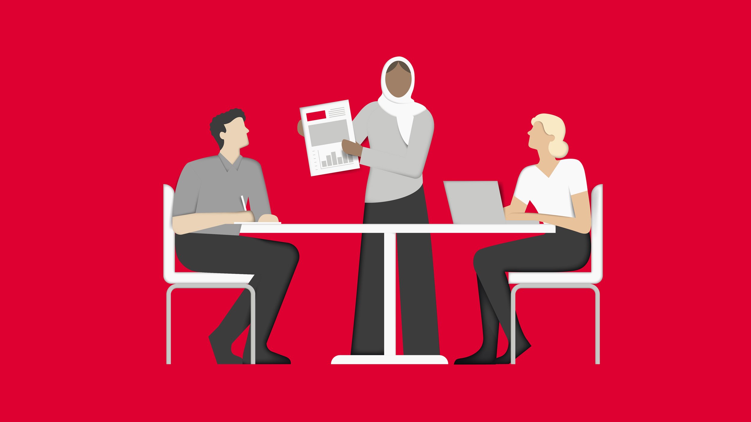 Paper-cut illustration of three people collaborating around a table with a laptop and a report.