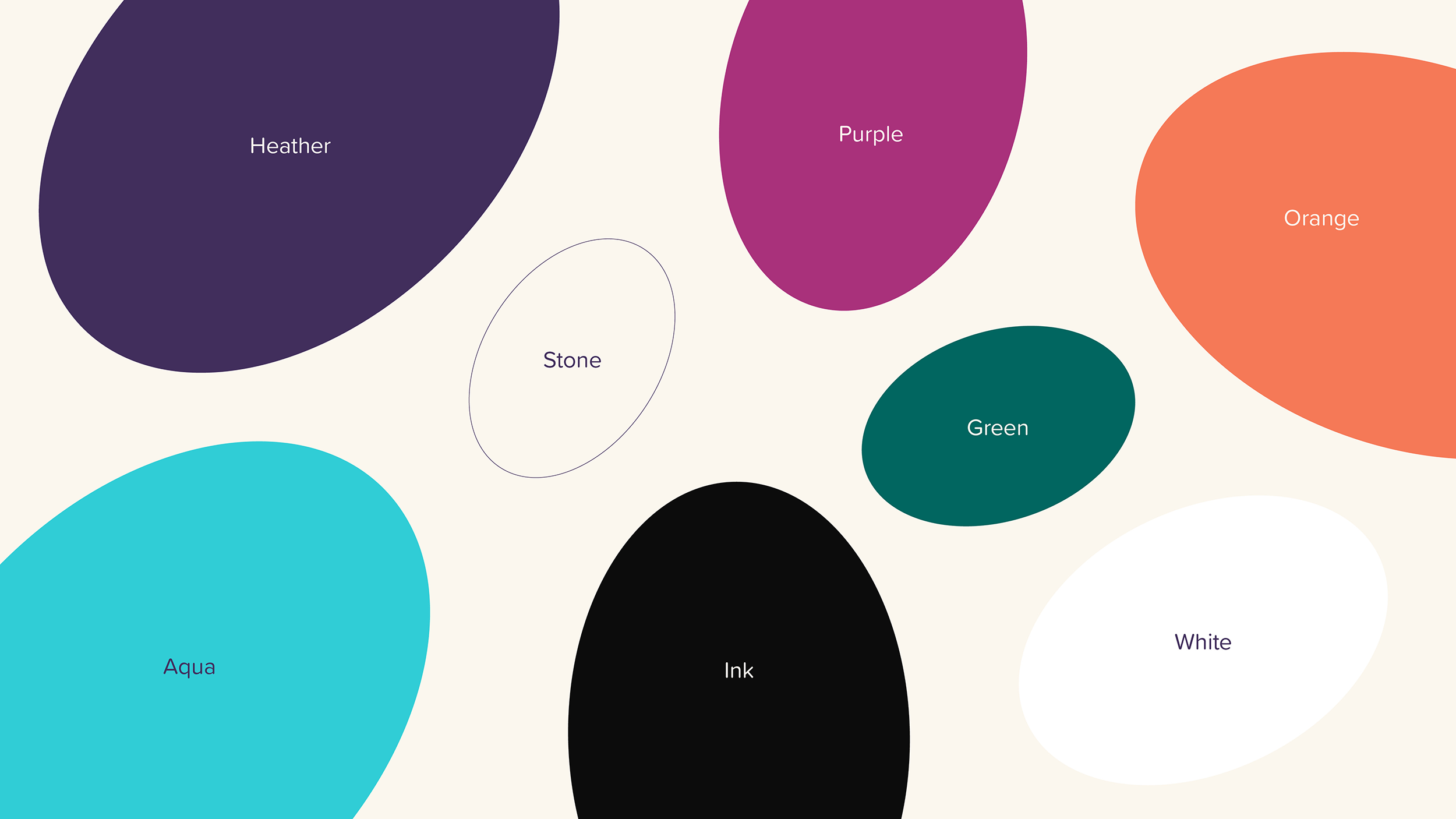 Luii brand colour palette showing aqua, purple, orange, green, stone, ink and white.