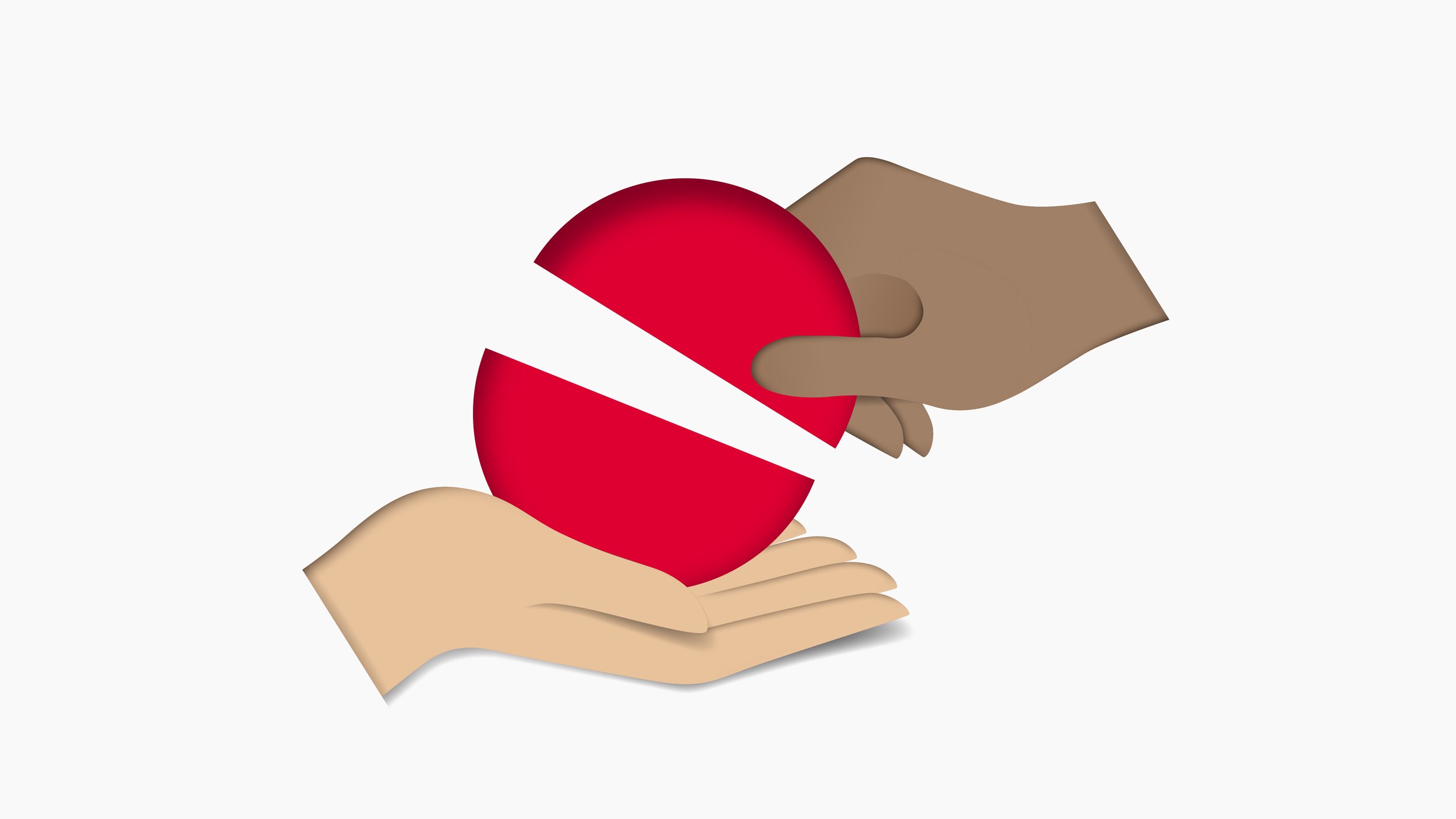 Paper-cut illustration of two hands passing a red disc between them, symbolising collaboration.