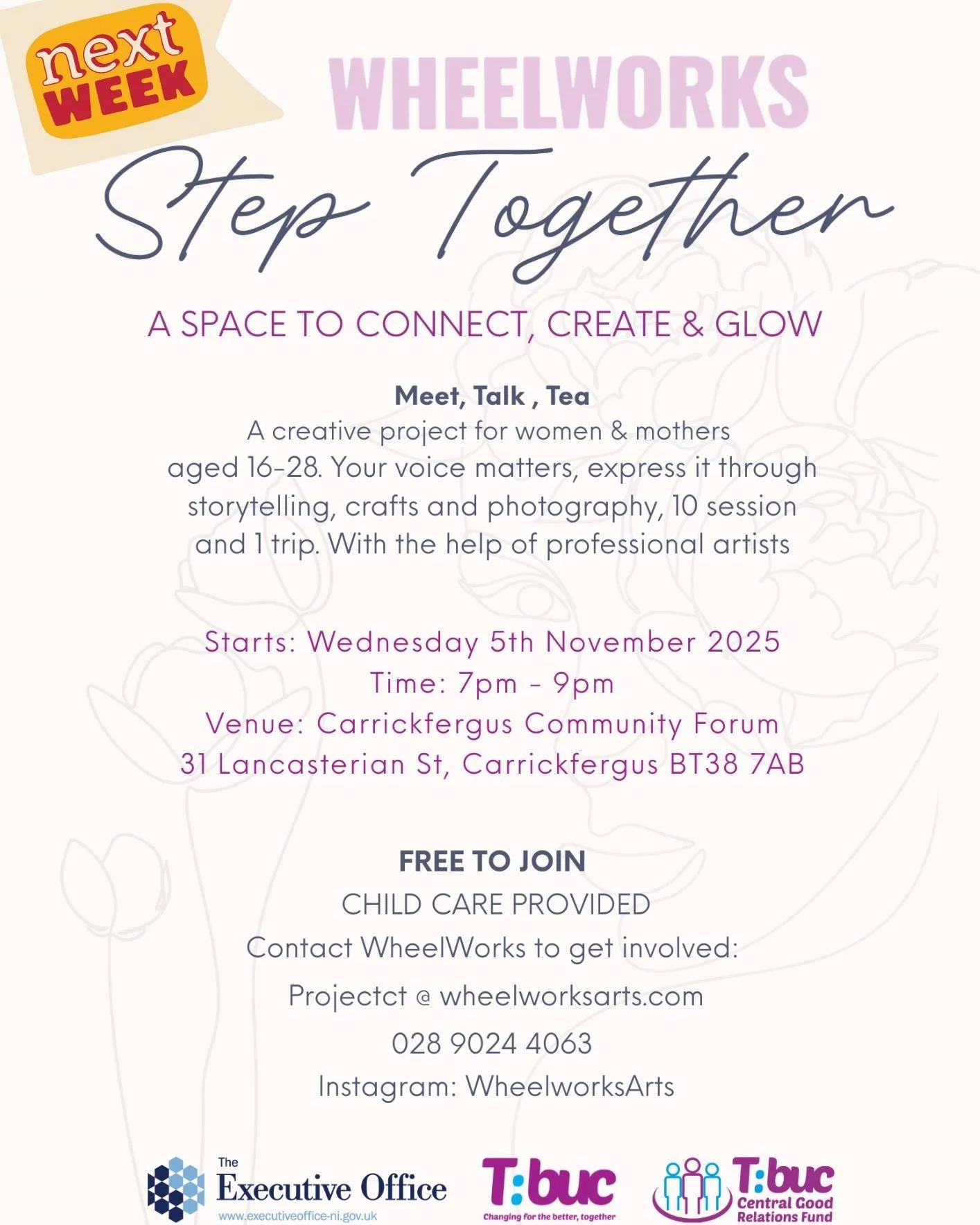 We're running a FREE art project for women aged 16-28 in Carrick, starting next week Wednesday November 5th! 7pm to 9pm.
Open to anyone living Mid & East Antrim or Antrim & Newtownabbey.
Interested? email projectct@wheelworksarts.com or reg