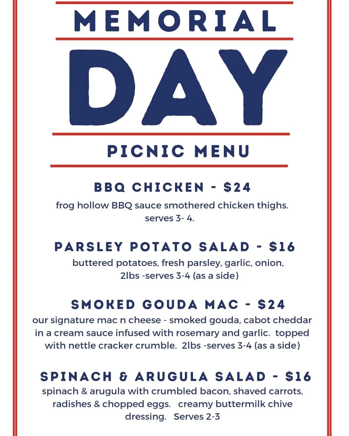 Wondering what to cook for your picnics this weekend? 
Let us help you!  Mix and match to create your favorite picnic pack.  Perfect for the boat, beach, or backyard! 
Order online via the link in our profile, call the cafe to reserve, or come and