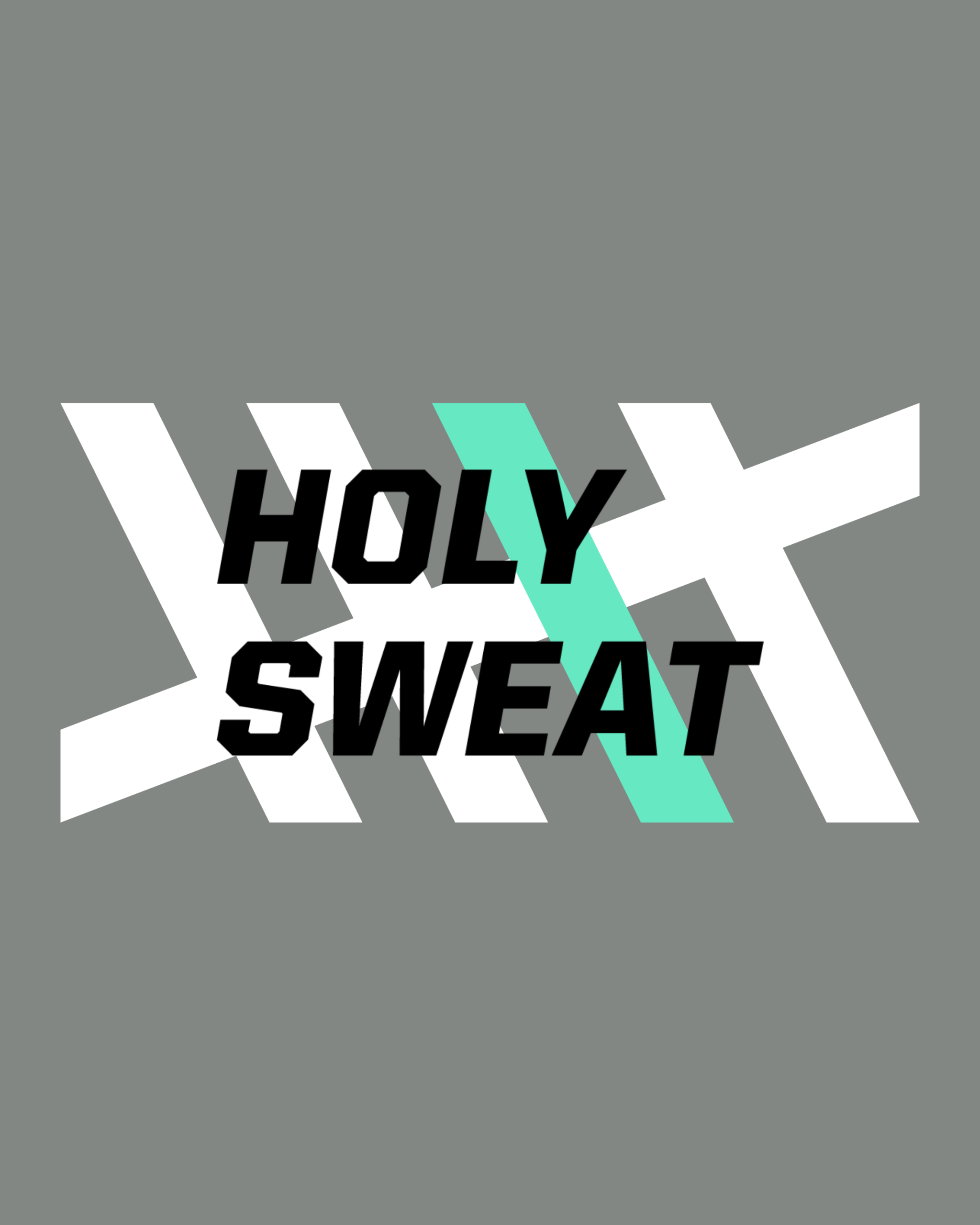 Graphic design with text 'Holy Sweat' in black, layered over a background of abstract white and teal geometric shapes on a gray backdrop.