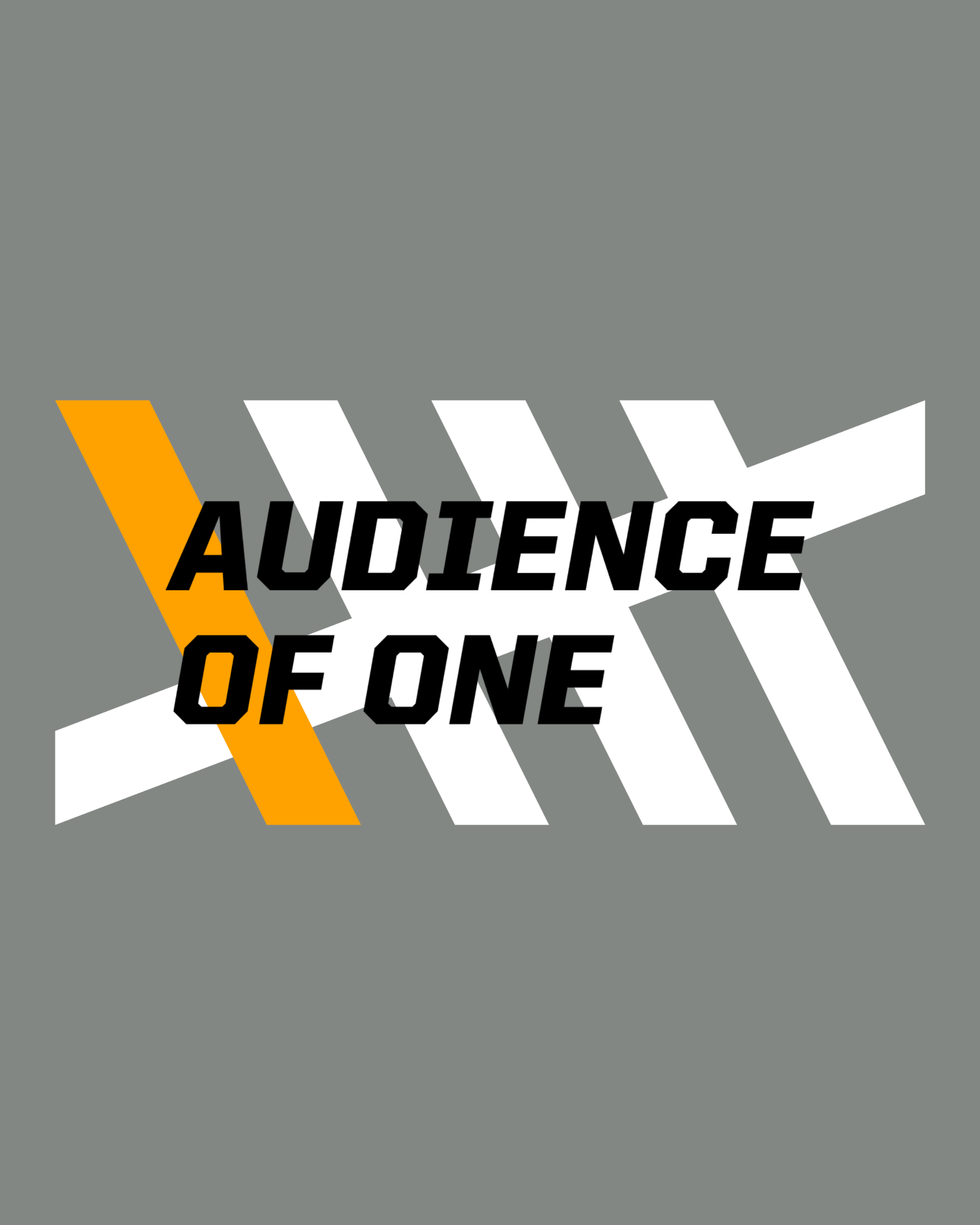 graphic with diagonal white, black, and orange bars over a gray background, with the text "Audience of One" in bold black letters