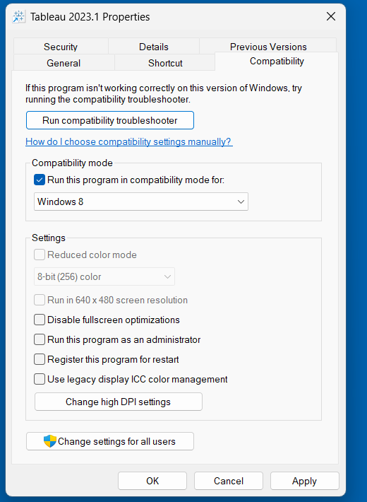 Properties Pane Showing how to change compatibility settings to fix Tableau Desktop not working on Windows 11