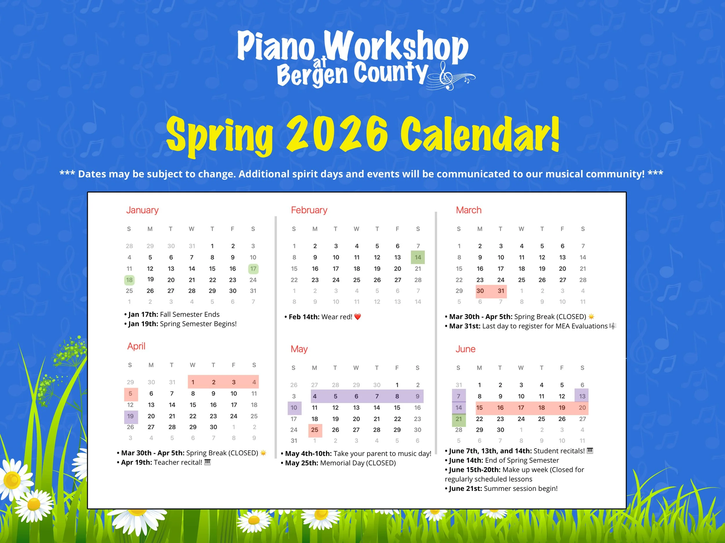 PWBC Spring 2026 Calendar and Spirit Weeks!