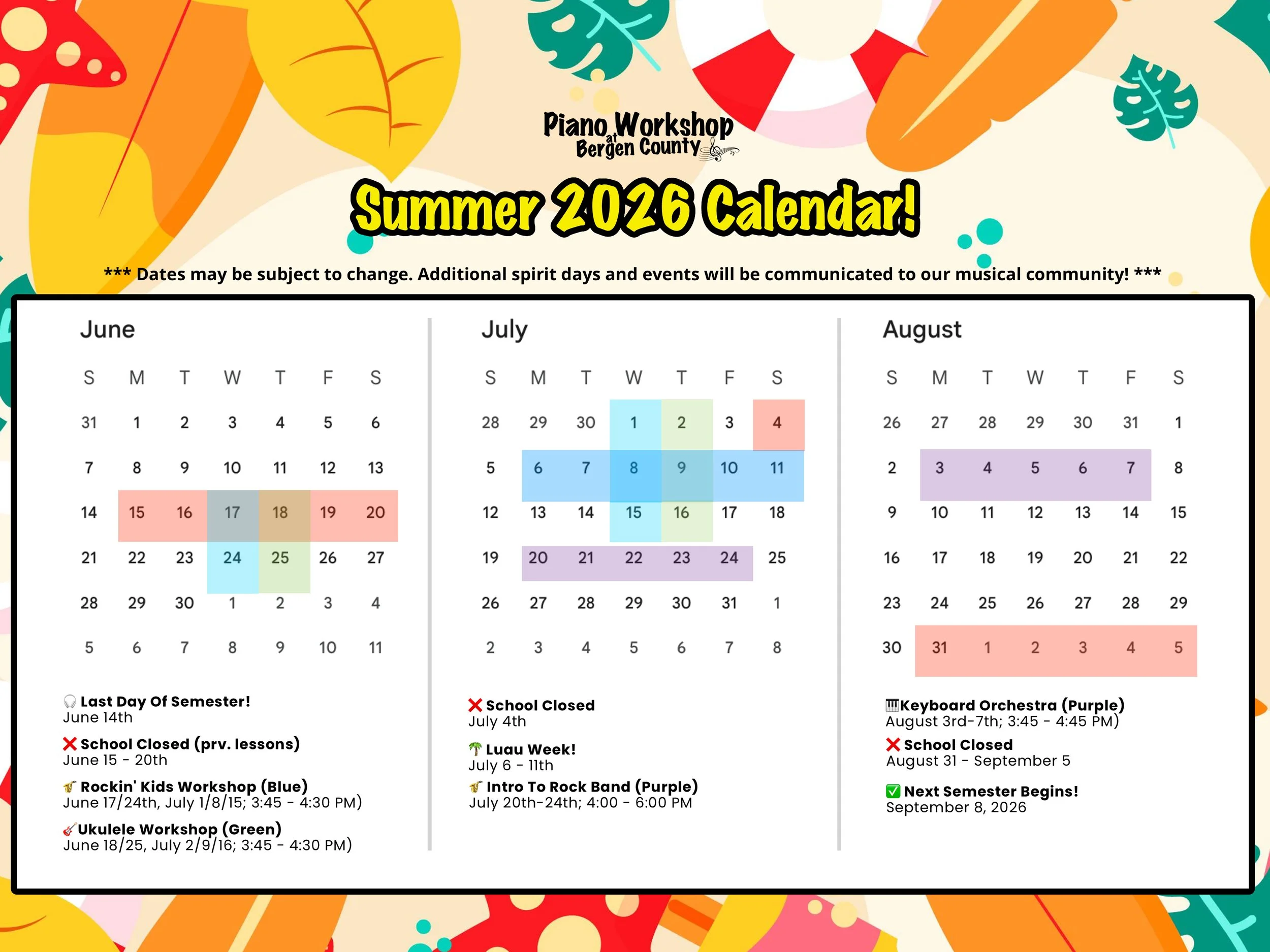 PWBC Summer 2026 Calendar and Spirit Weeks!