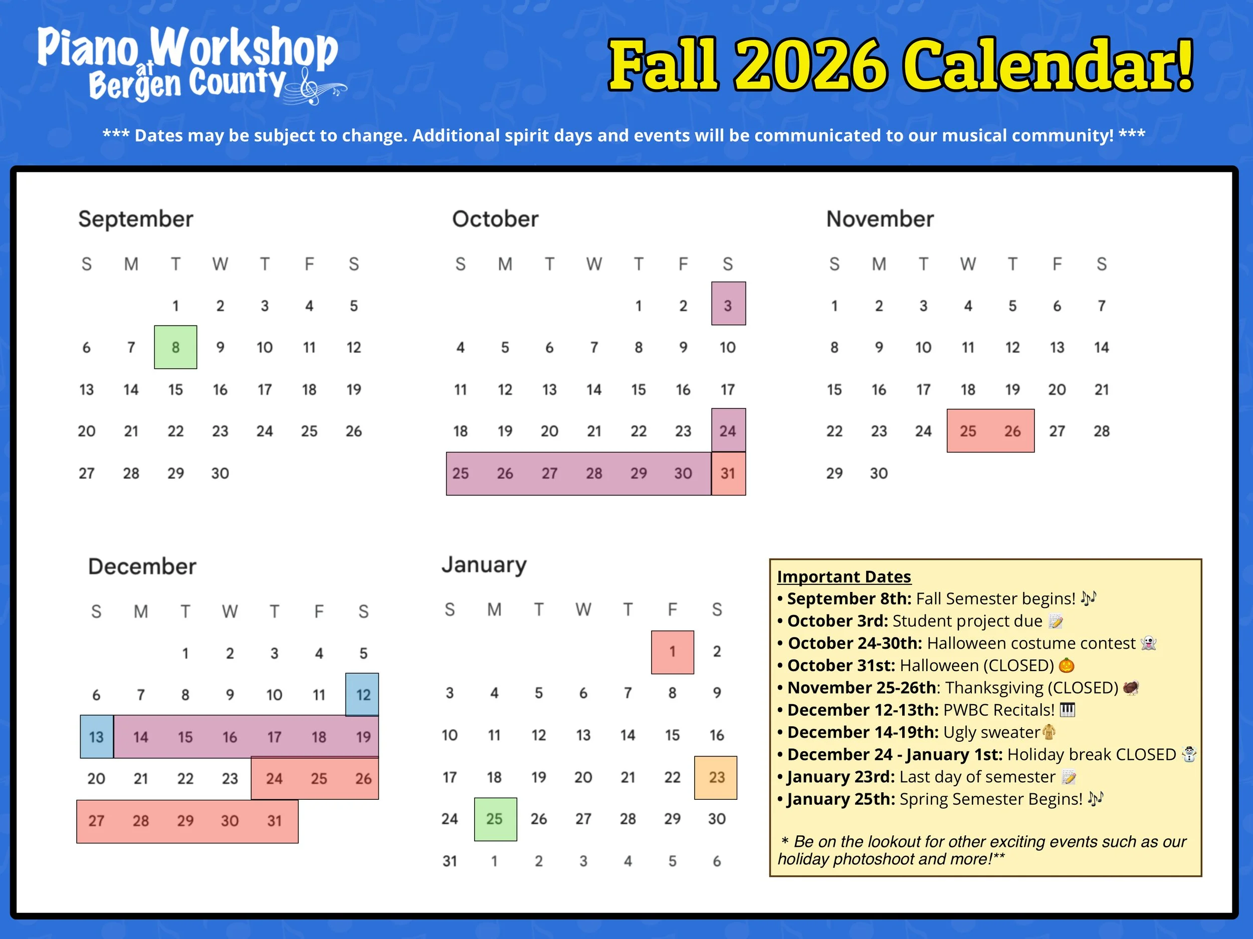 PWBC Fall 2026 Calendar and Spirit Weeks! 