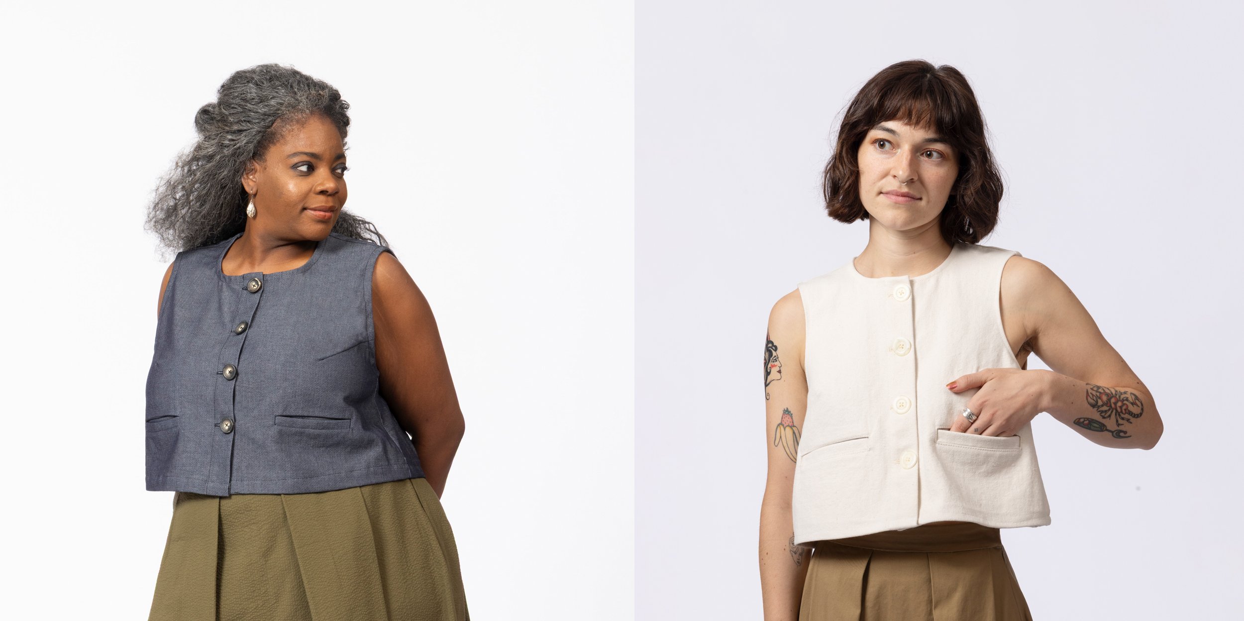 Elova Top sewing pattern — sleeveless button-front top in cotton twill