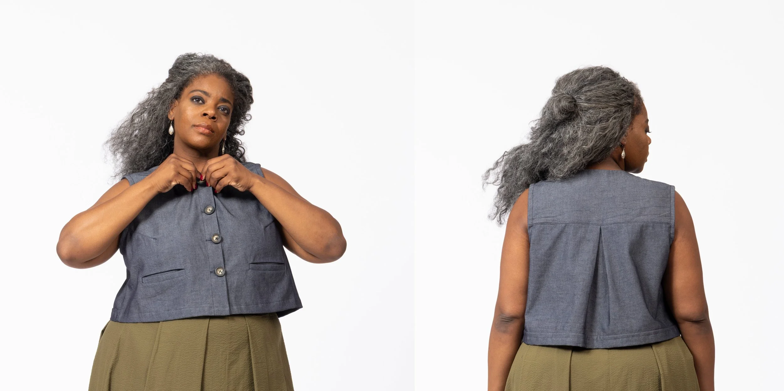 Back yoke and center box pleat detail on the Elova Top by Open Studio Patterns