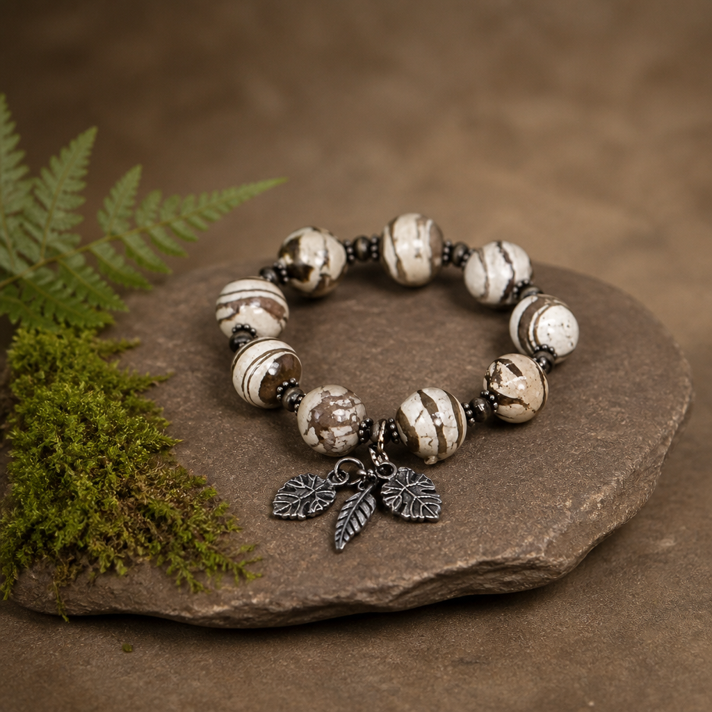 Zebra Jasper Stretch Bracelet with Leaf Charms