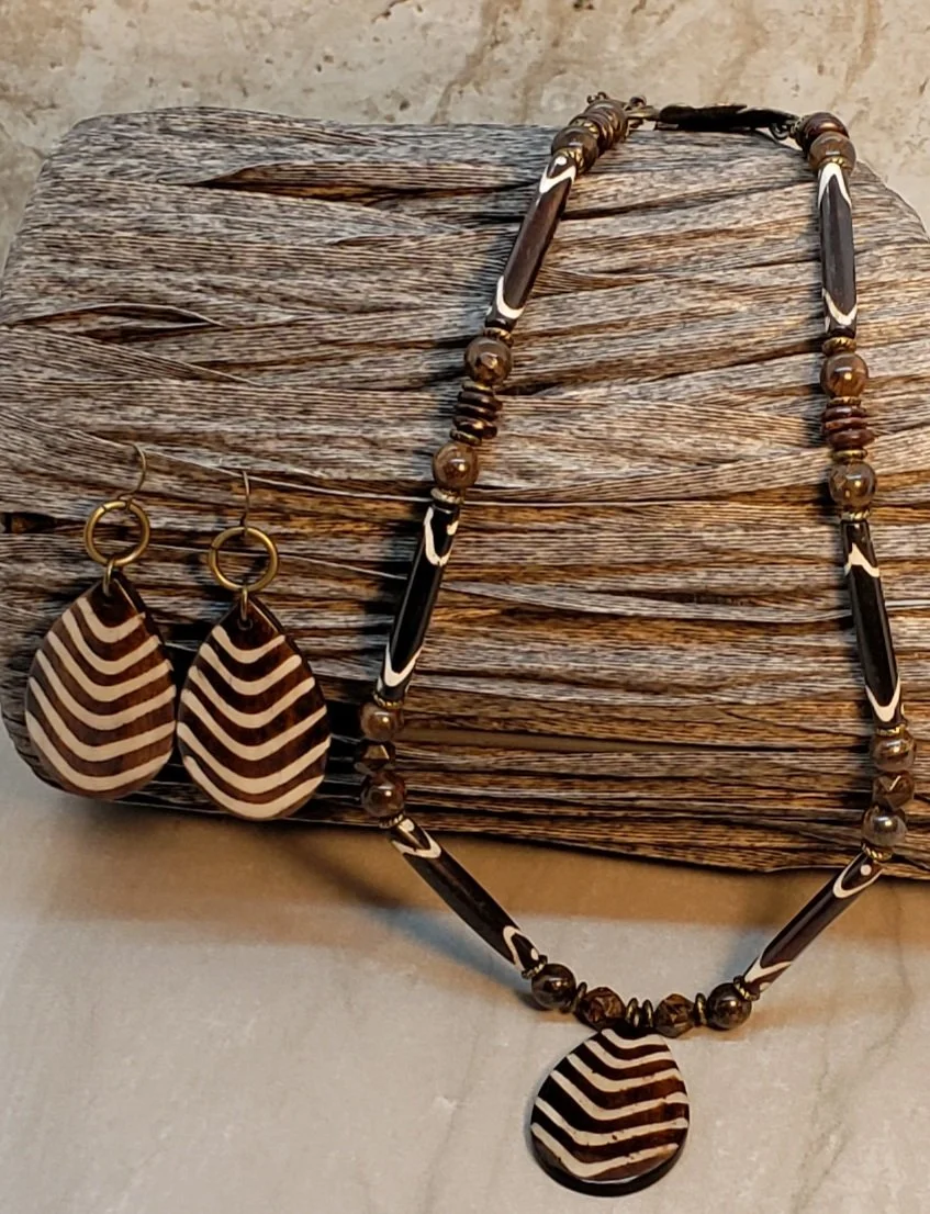 Bronzite with Brown Antique Bone Pipe Necklace Set