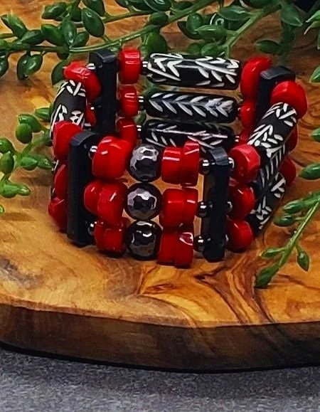 Red Coral Hematite Stretch Cuff Bracelet