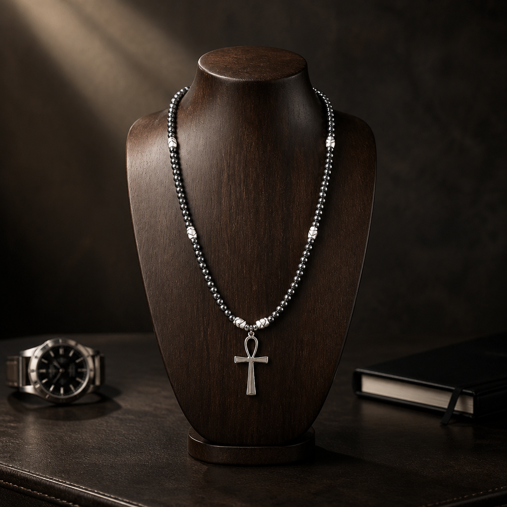 Unisex Hematite Ankh Necklace