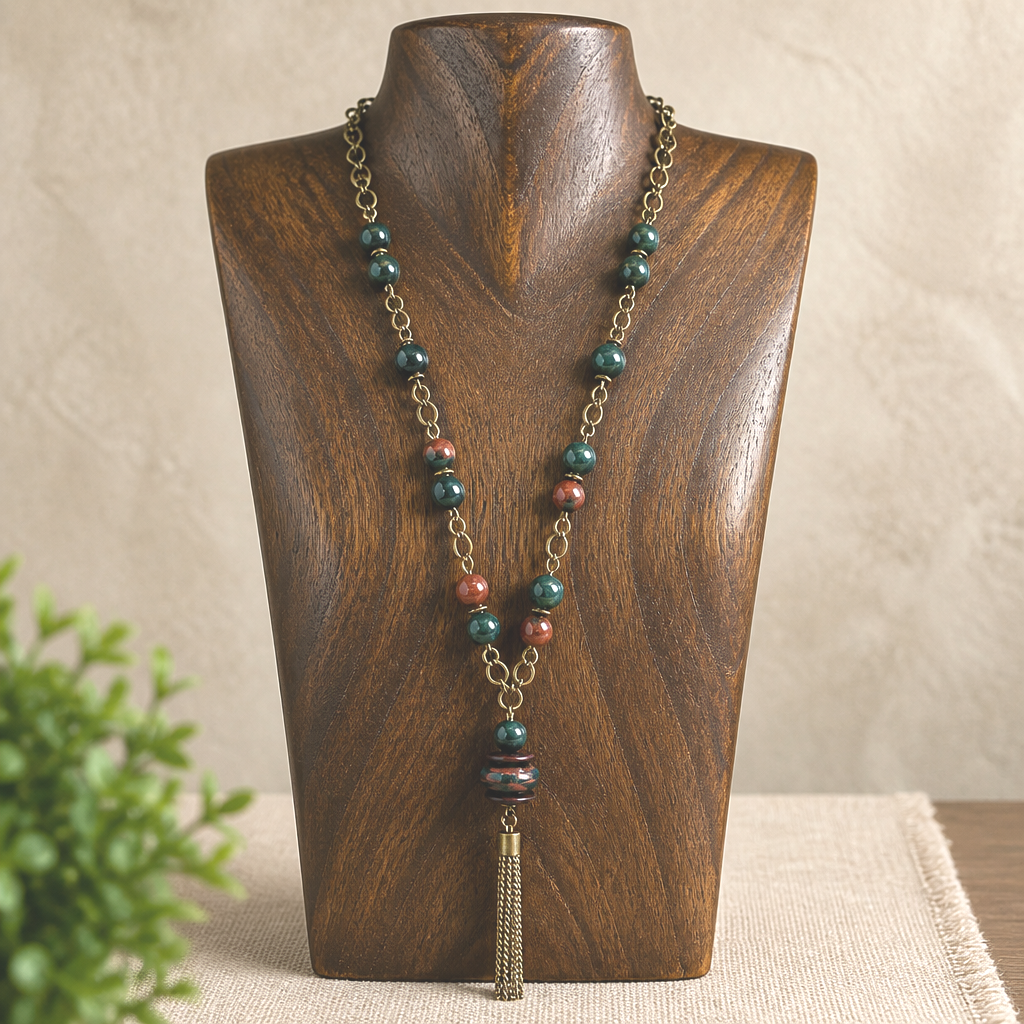 Antique Brass Bloodstone Tassel Necklace