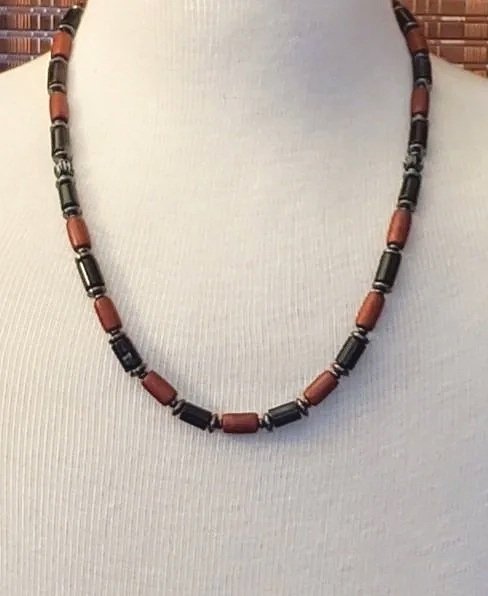 Men's Banded Agate and  Natural Wood Necklace