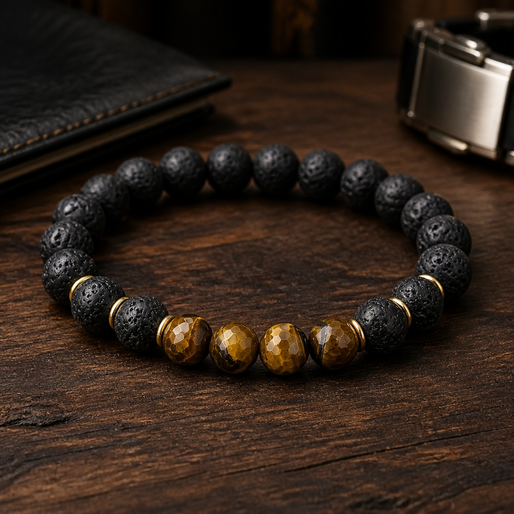 Men's Lava Bead Tiger Eye Bracelet